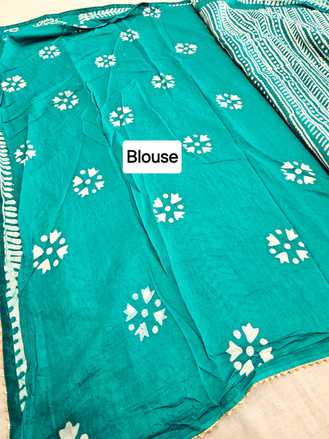 593004 Pure Soft Cotton Batik Printed Saree -  teal green