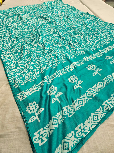 593008 Pure Soft Cotton Batik Printed Saree- teal  green