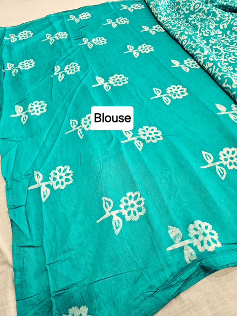 593008 Pure Soft Cotton Batik Printed Saree- teal  green
