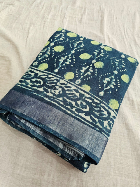 596002 Pure Linen Cotton Handblocked Printed Saree