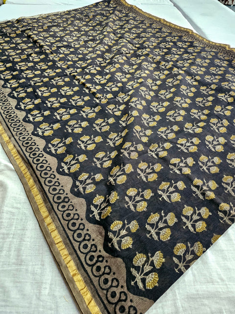 598003 Pure Chanderi Silk Original Ajrakh Hand Blocked Printed Saree