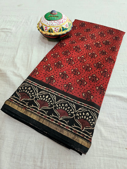 598006 Pure Chanderi Silk Original Ajrakh Hand Blocked Printed Saree