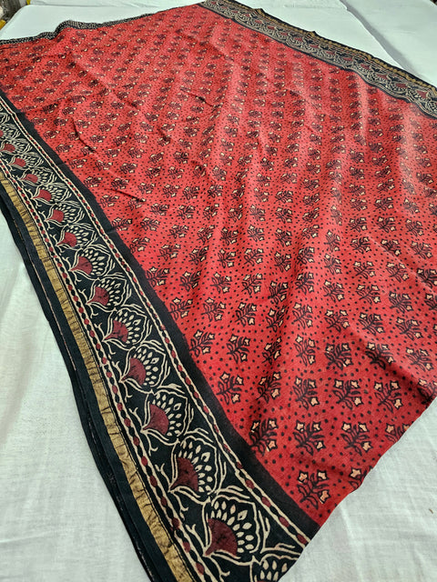 598006 Pure Chanderi Silk Original Ajrakh Hand Blocked Printed Saree