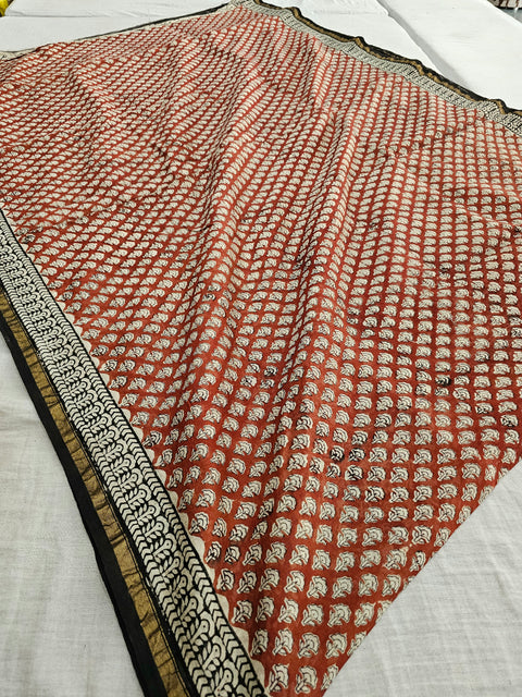 598005 Pure Chanderi Silk Original Ajrakh Hand Blocked Printed Saree