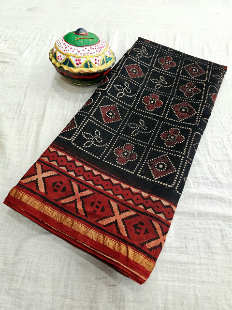 598010 Pure Chanderi Silk Original Ajrakh Hand Blocked Printed Saree