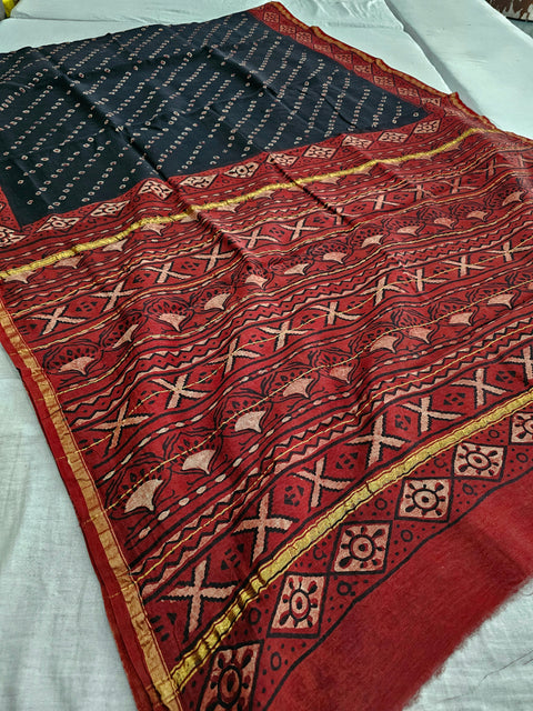 598012 Pure Chanderi Silk Original Ajrakh Hand Blocked Printed Saree