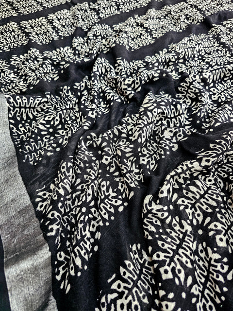 603003 Pure Linen Cotton Handblocked Printed Saree