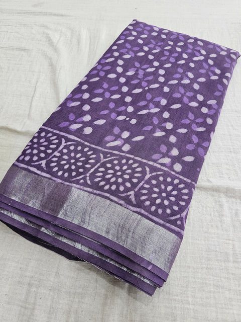 603008 Pure Linen Cotton Handblocked Printed Saree