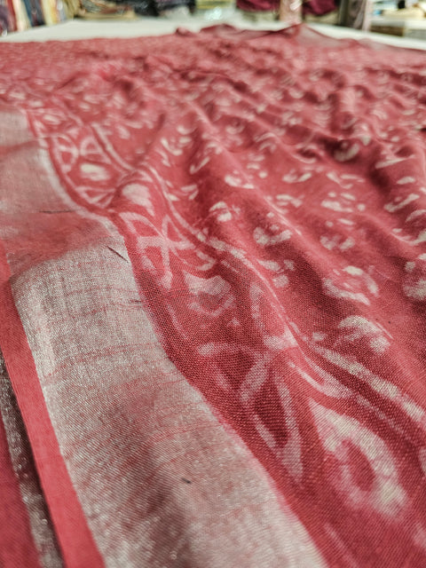 603004 Pure Linen Cotton Handblocked Printed Saree