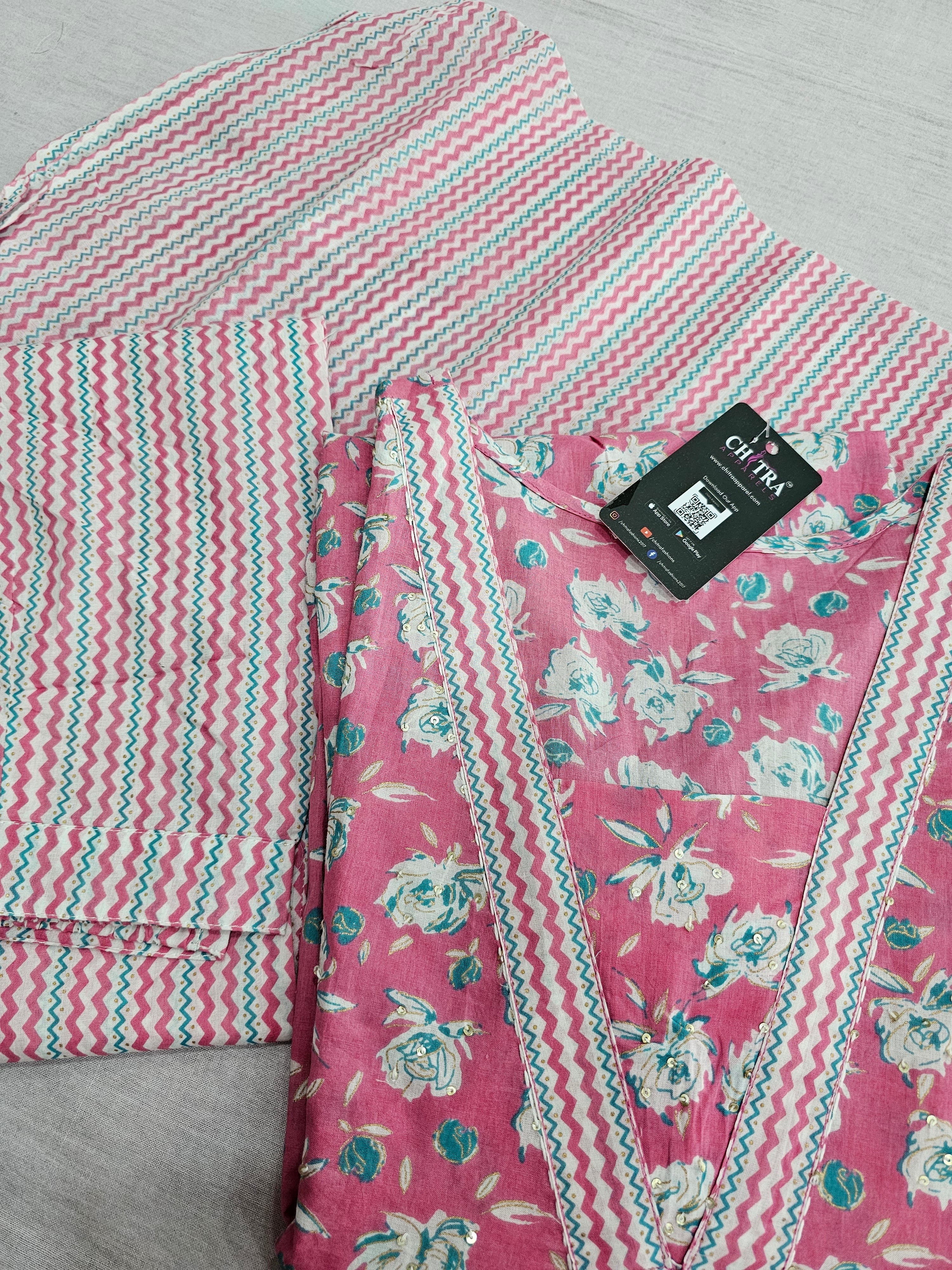 614001 Pure Cotton Printed V Neck Kurti Set With Pant and Dupatta