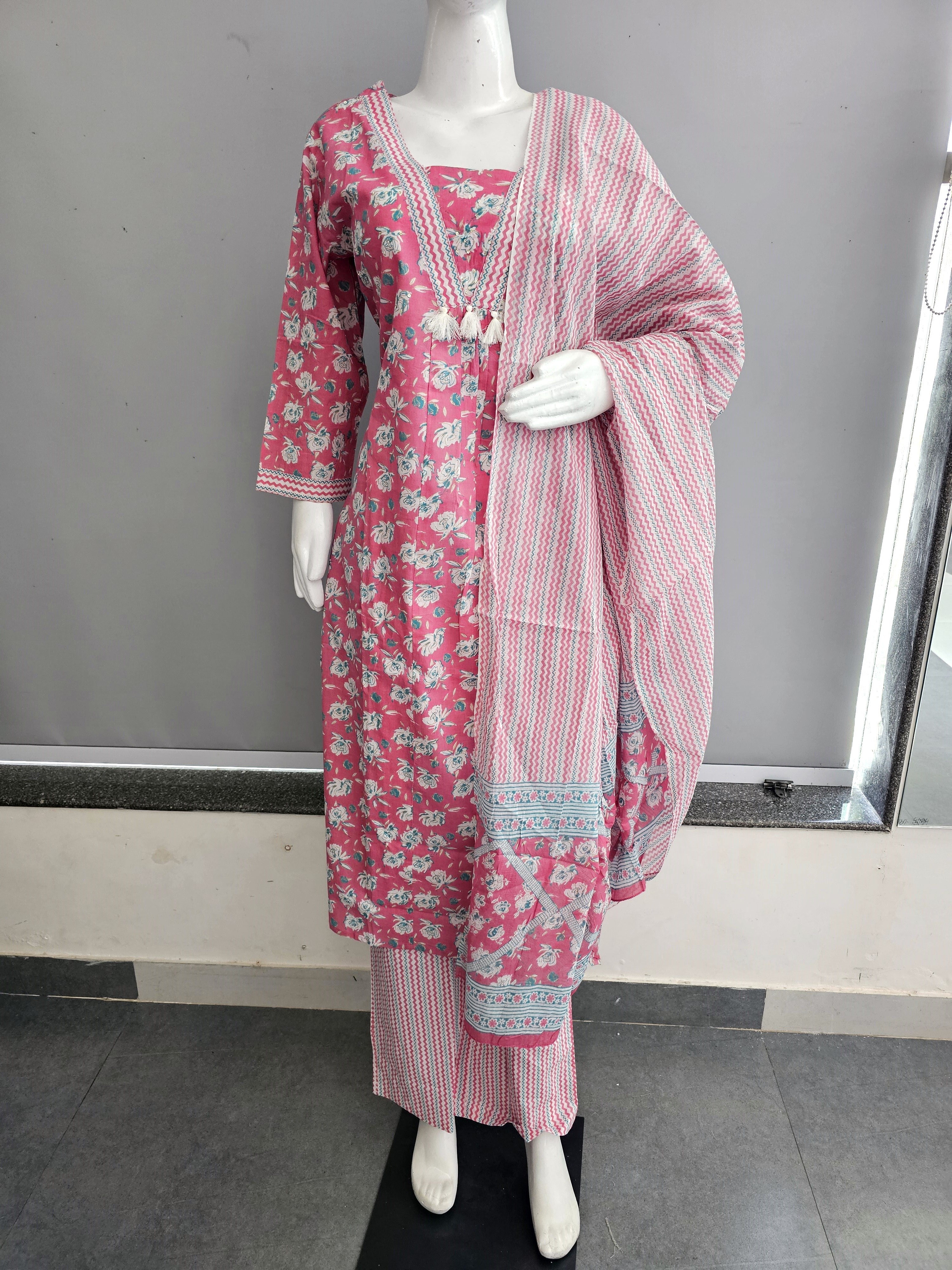 614001 Pure Cotton Printed V Neck Kurti Set With Pant and Dupatta