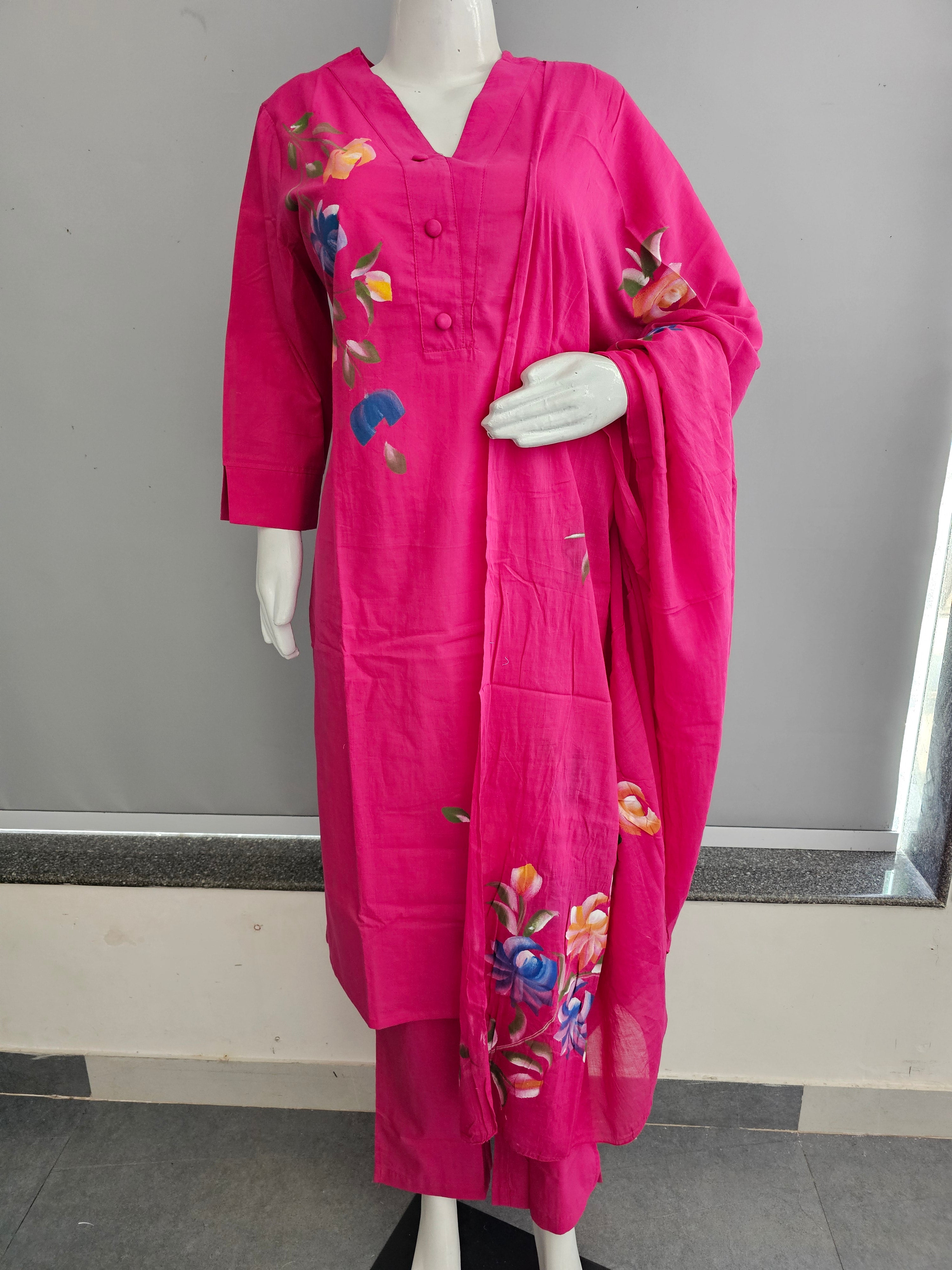 614007 Pure Malmal Cotton Hand Painted Kurti and Dupatta Set