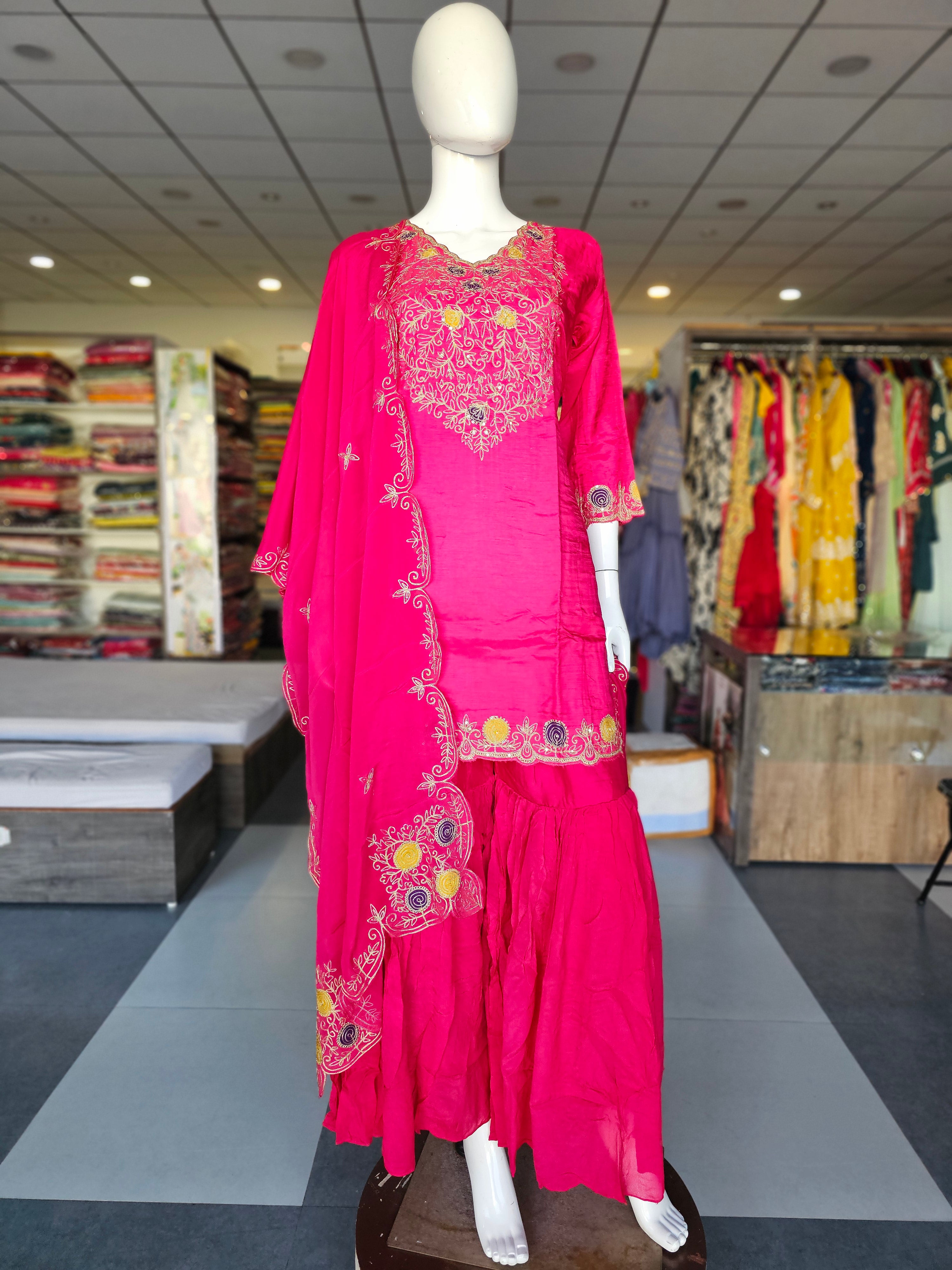 1978 Pure Crepe Silk Short Kurti with Sharara and cutwork Dupatta Rani