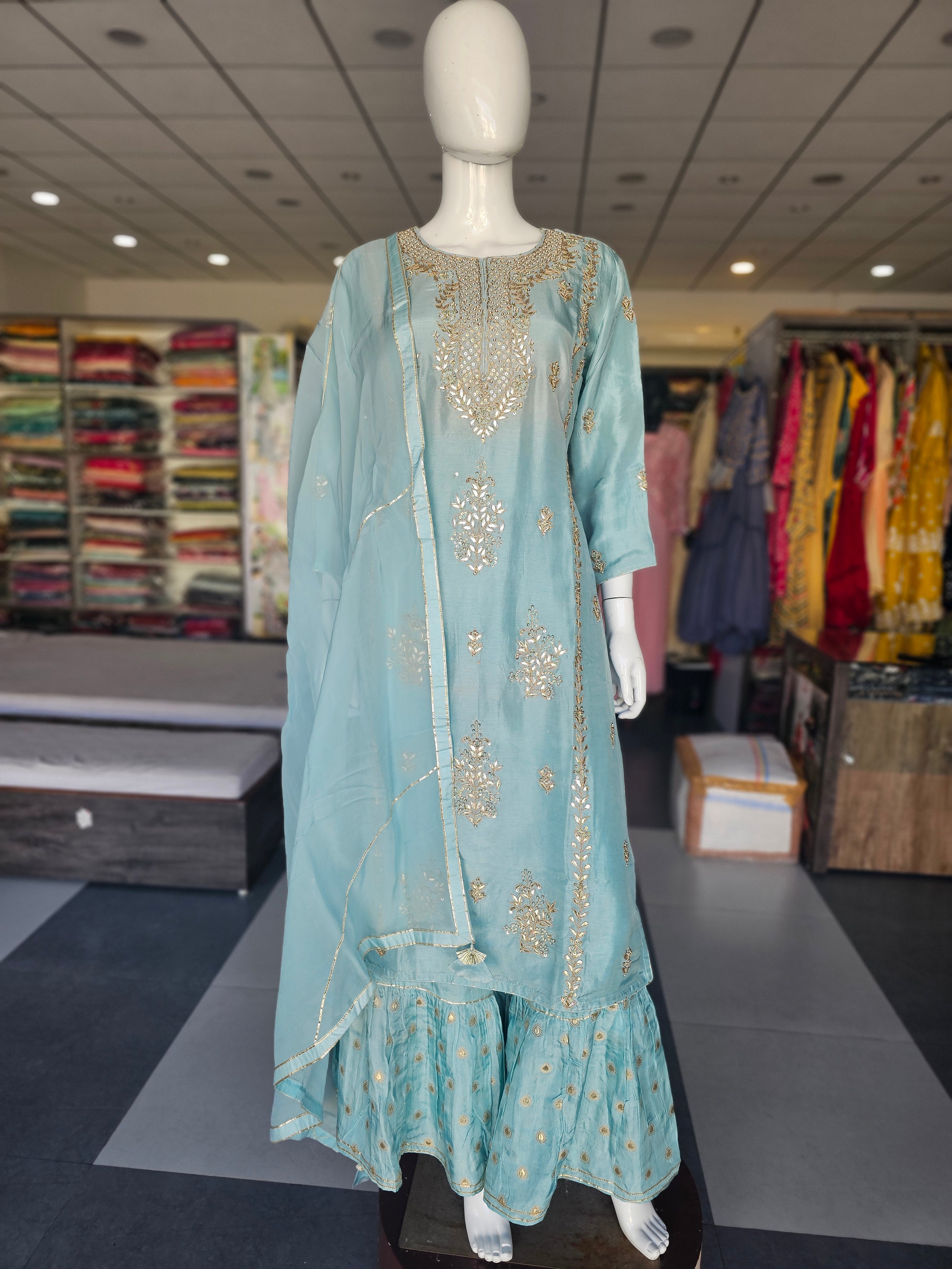 9567 Pure Russian Silk long Kurti with Sharara and Dupatta