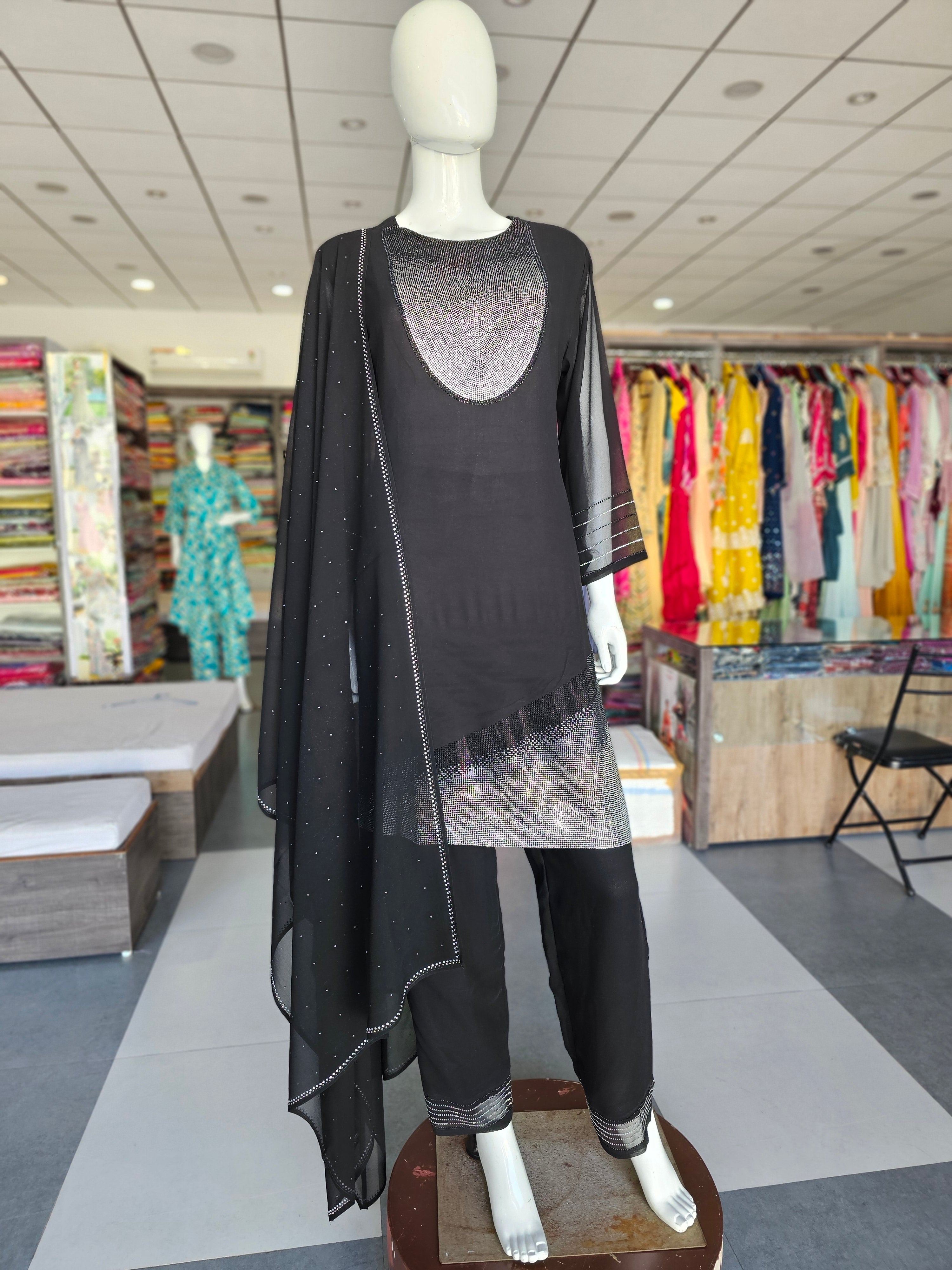 1487 Premium Georgette Crepe Kurti with Saroski work