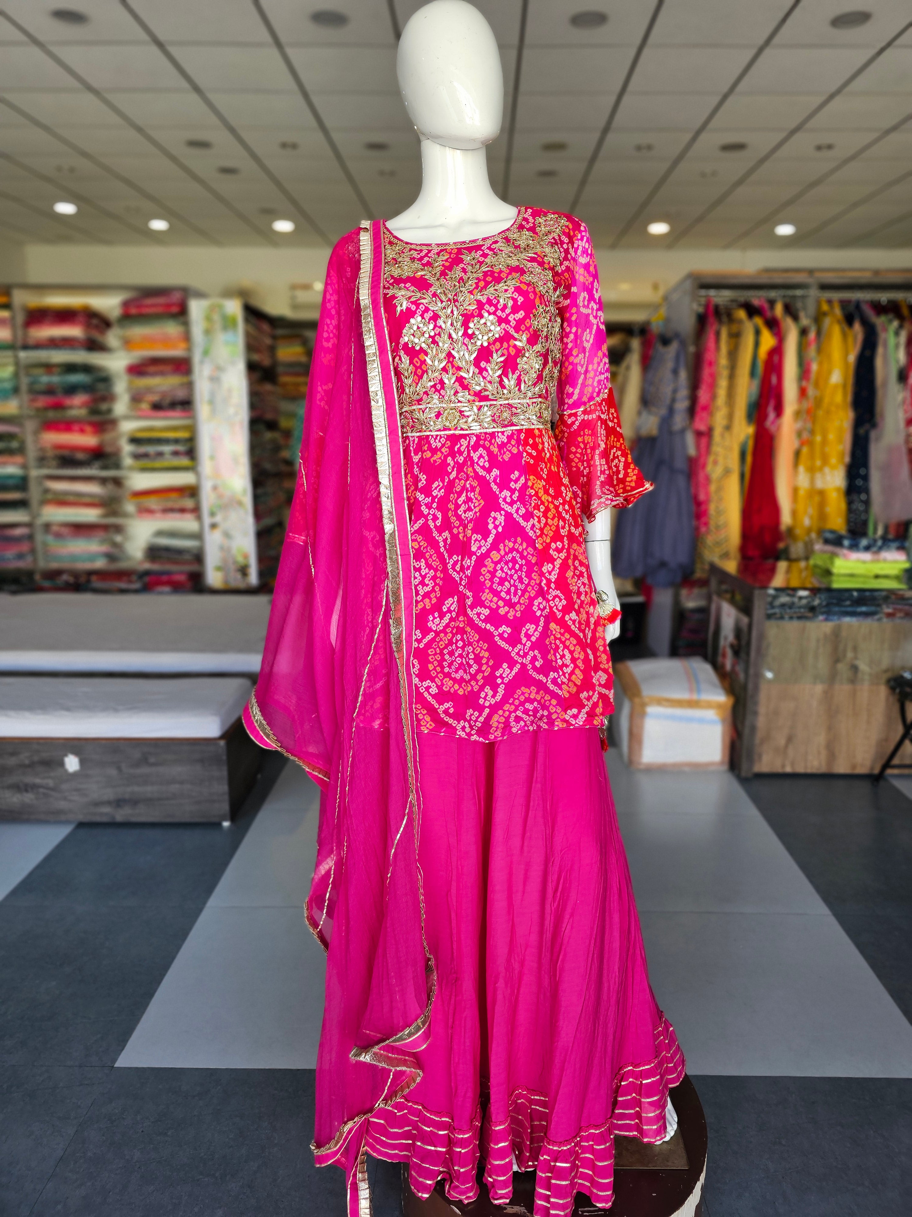 8448 Pure Ojariya Geogrette Bandhej  Kurti with Skirt and Dupatta