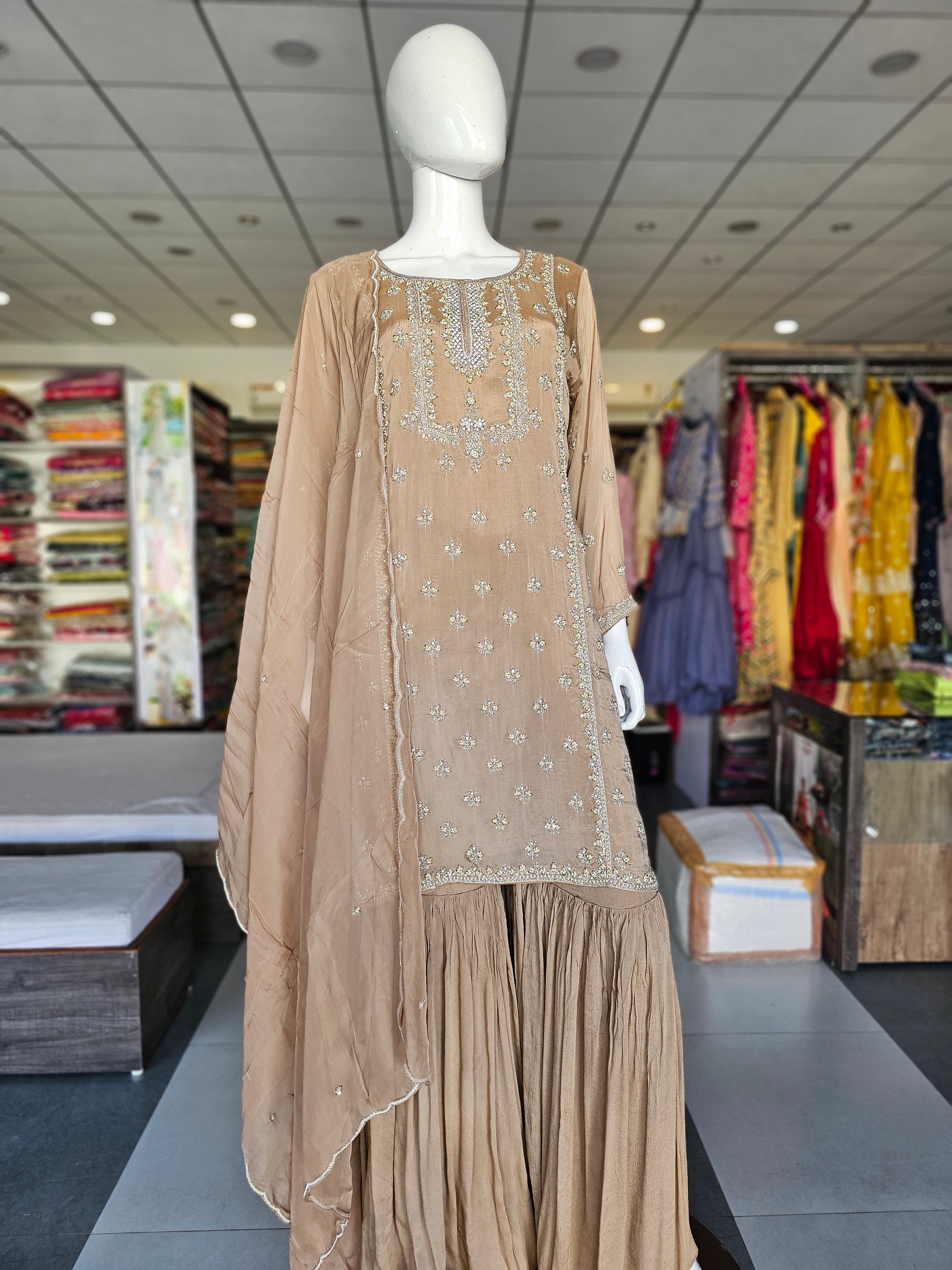 9673 Pure Chinon Crepe Silk Short Kurti with Sharara and Dupatta