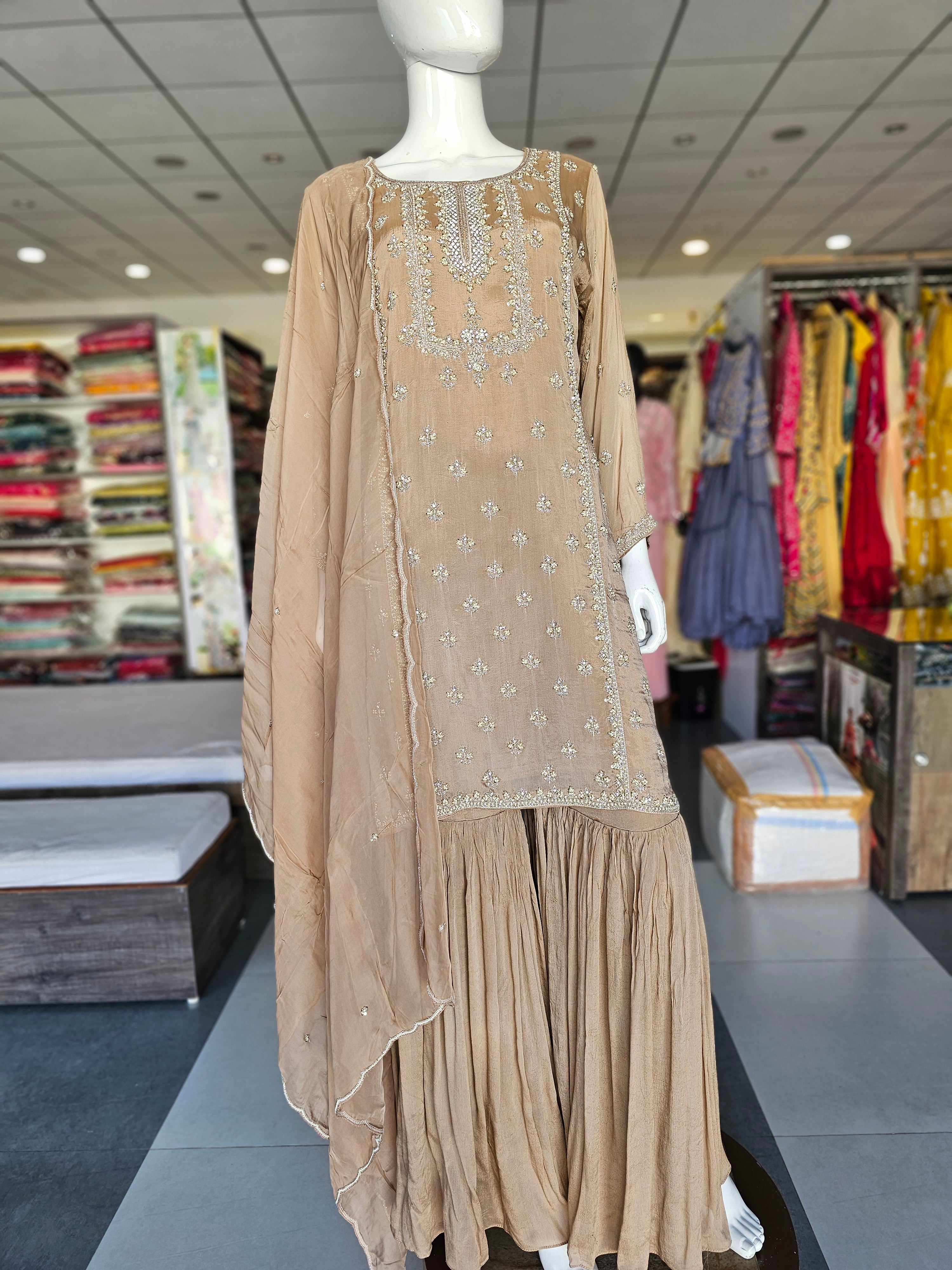 9673 Pure Chinon Crepe Silk Short Kurti with Sharara and Dupatta