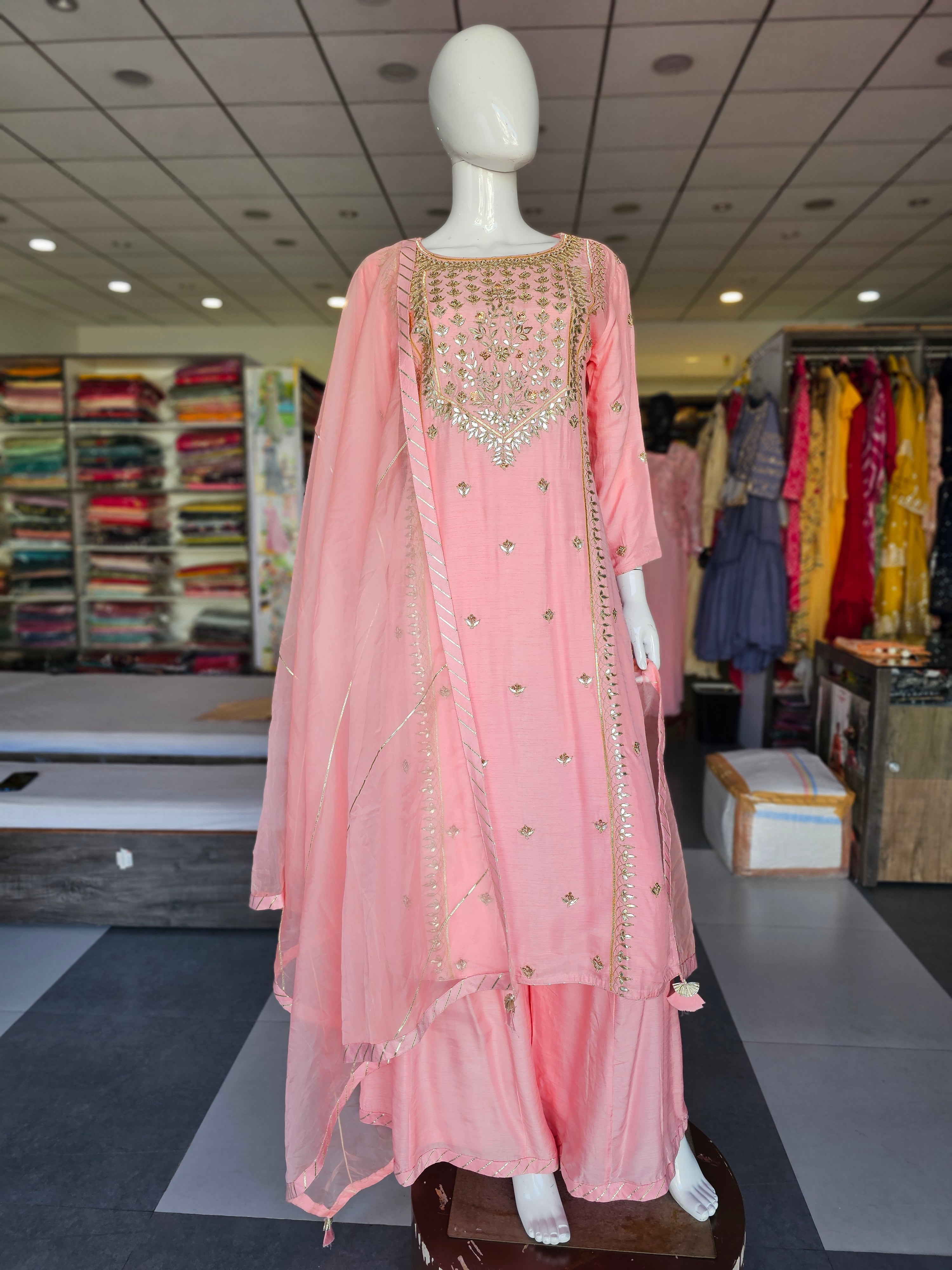 9243 Pure Russian Silk long Kurti with Plazo and Dupatta