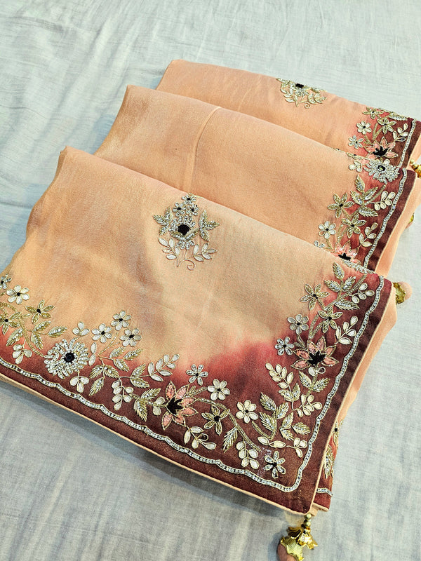 8405 Elegant Pure Simar Silk Hand Embroidered Pearl and Cutdana Dual Dye Saree