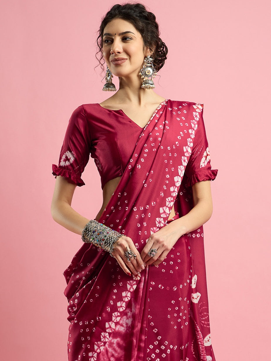 2044 Traditional Bandhani with Shibori Print Soft Satin Silk Saree - RED