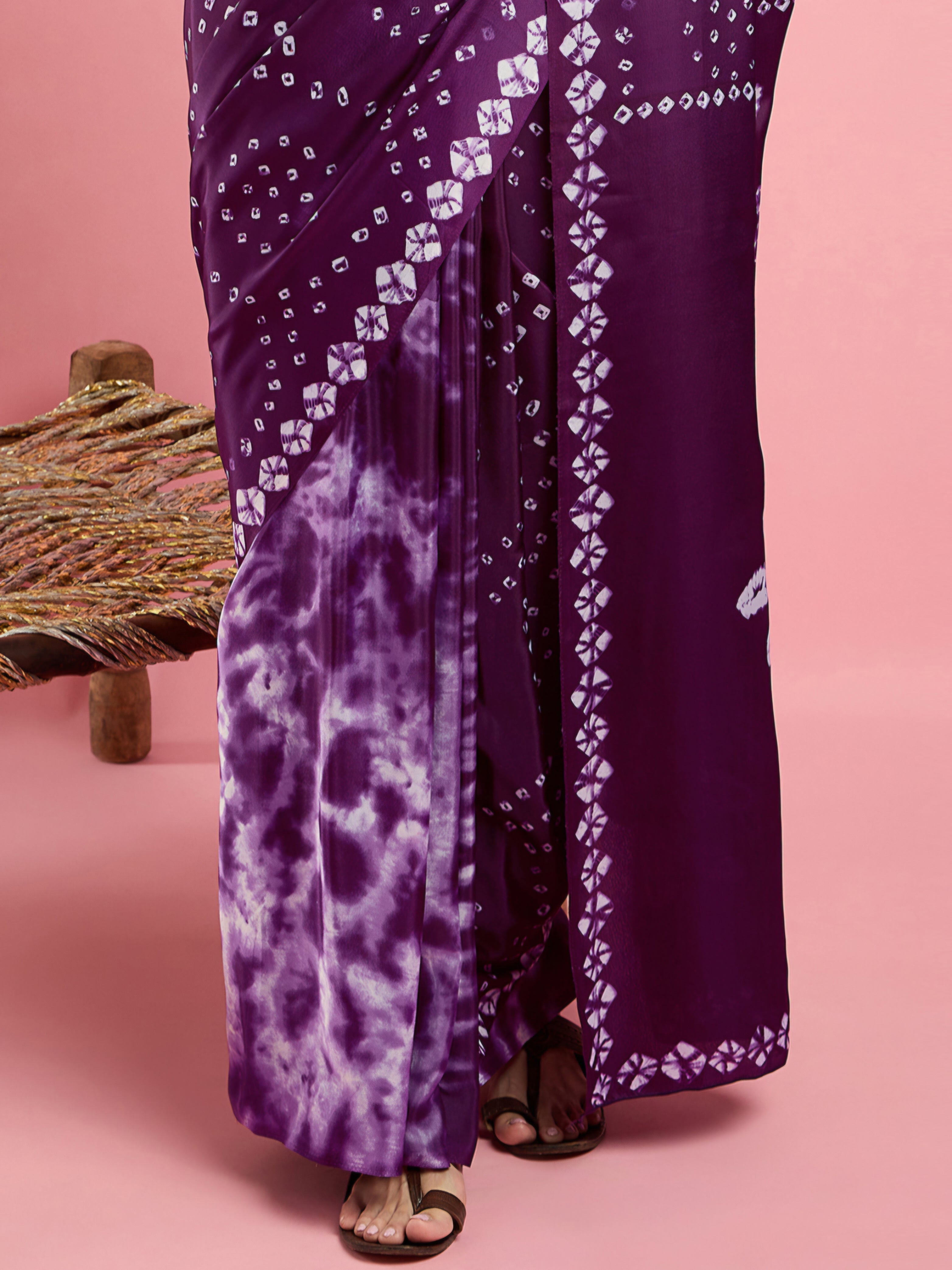 2044 Traditional Bandhani with Shibori Print Soft Satin Silk Saree - PURPLE