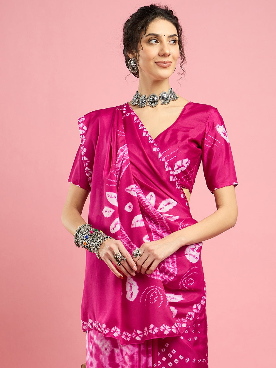 2044 Traditional Bandhani with Shibori Print Soft Satin Silk Saree - RANI