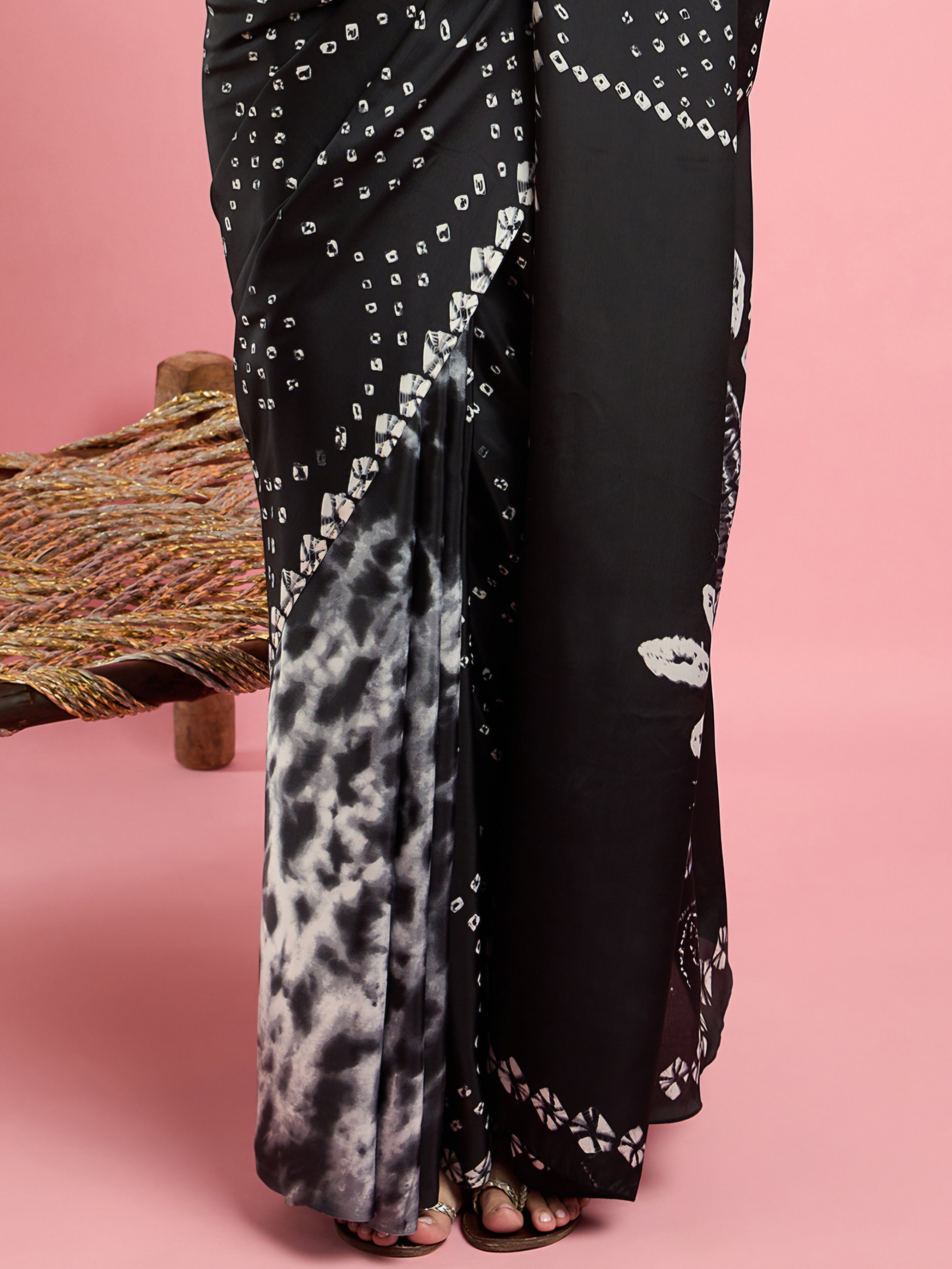 2044 Traditional Bandhani with Shibori Print Soft Satin Silk Saree - BLACK