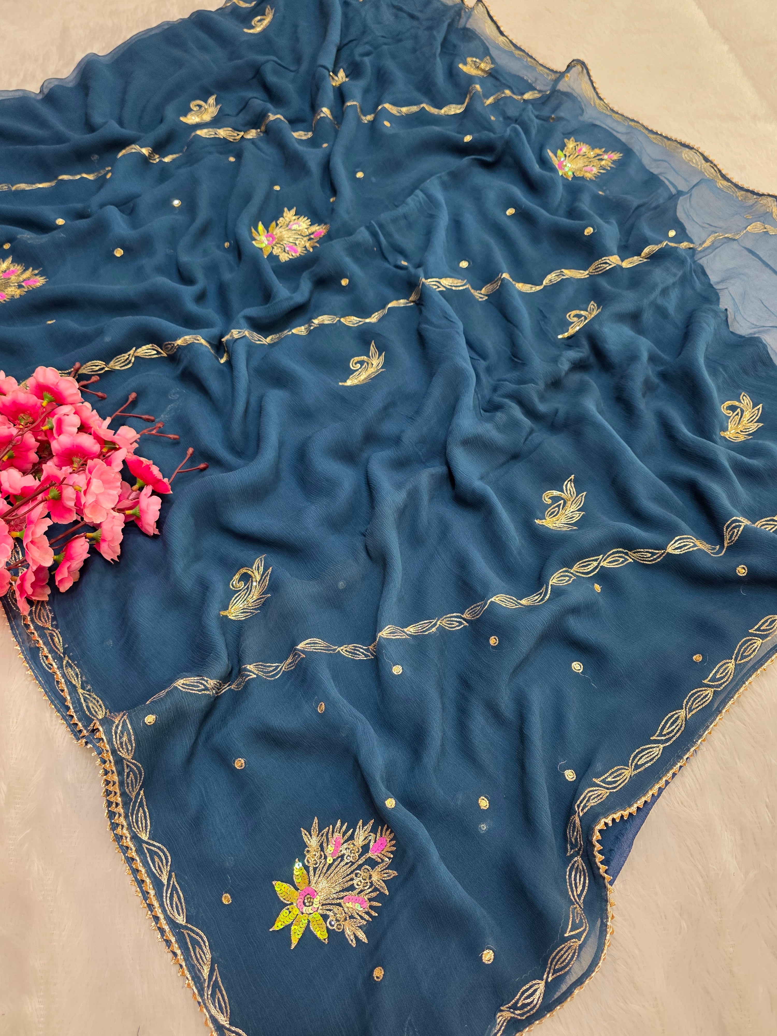 808002 Pure Rajwadi Diamond Chiffon Saree with Designer Work