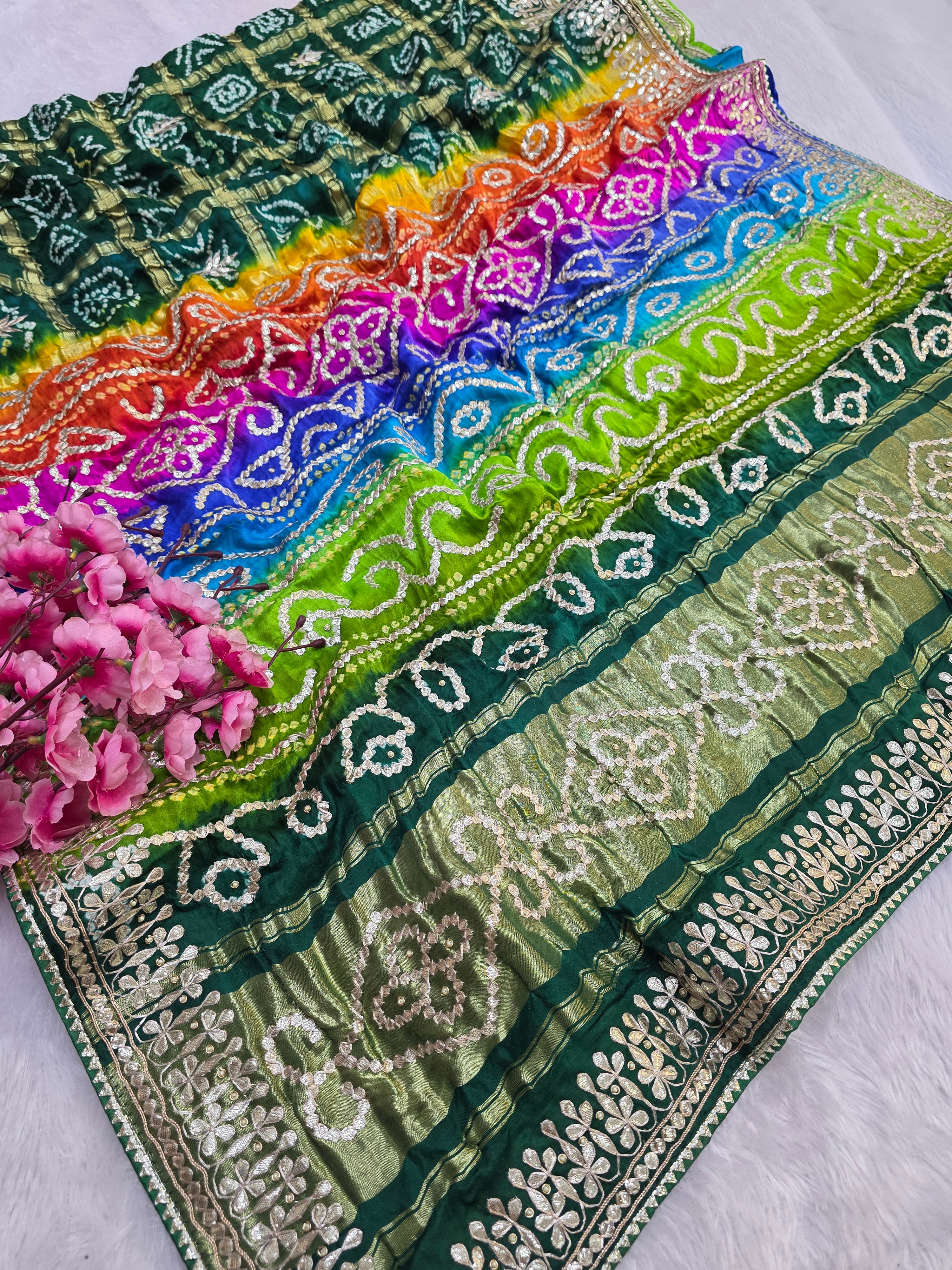 819003 Exclusive Pure Gajji Silk Rajasthani Hand Rai Bandhani Ghatchola Saree With Premium Gotapatti Work