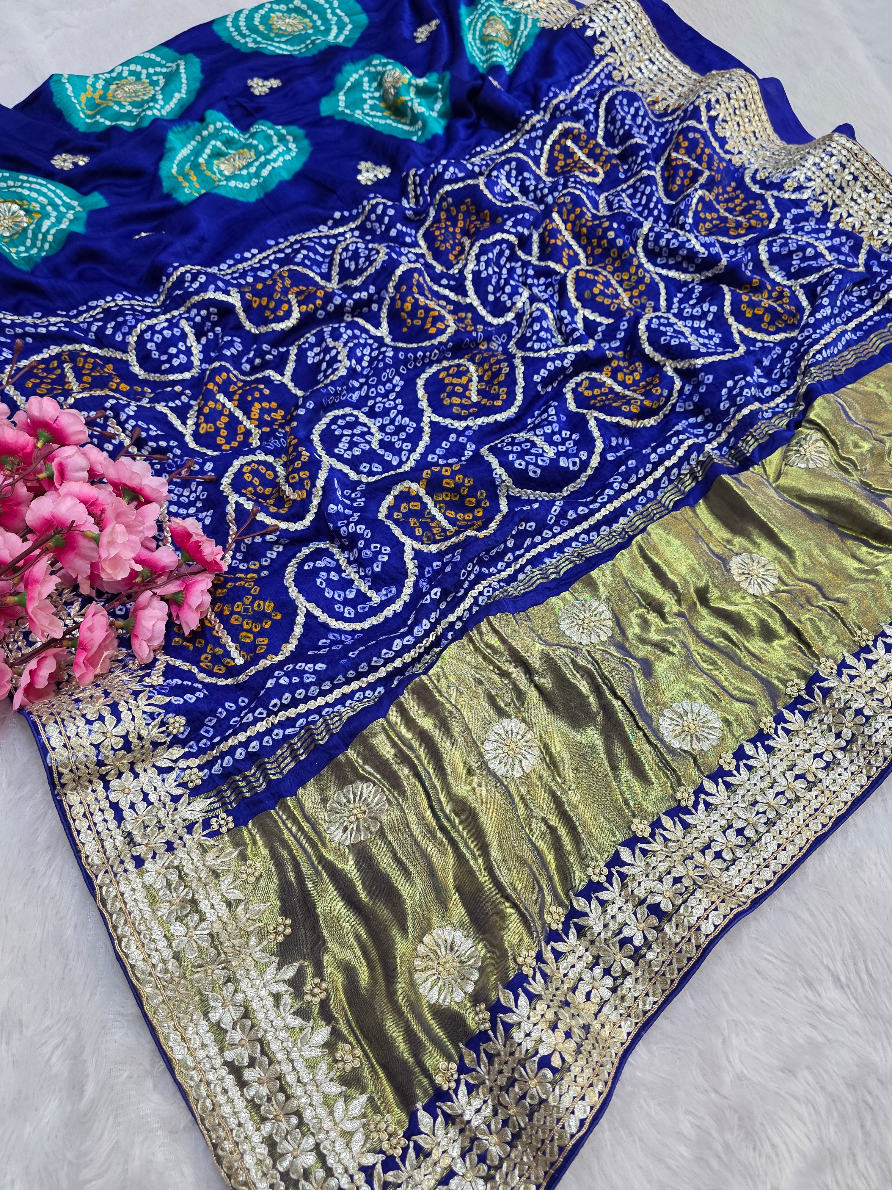 819001 Exclusive Pure Gajji Silk Rajasthani Hand Rai Bandhani Saree With Premium Gotapatti Work