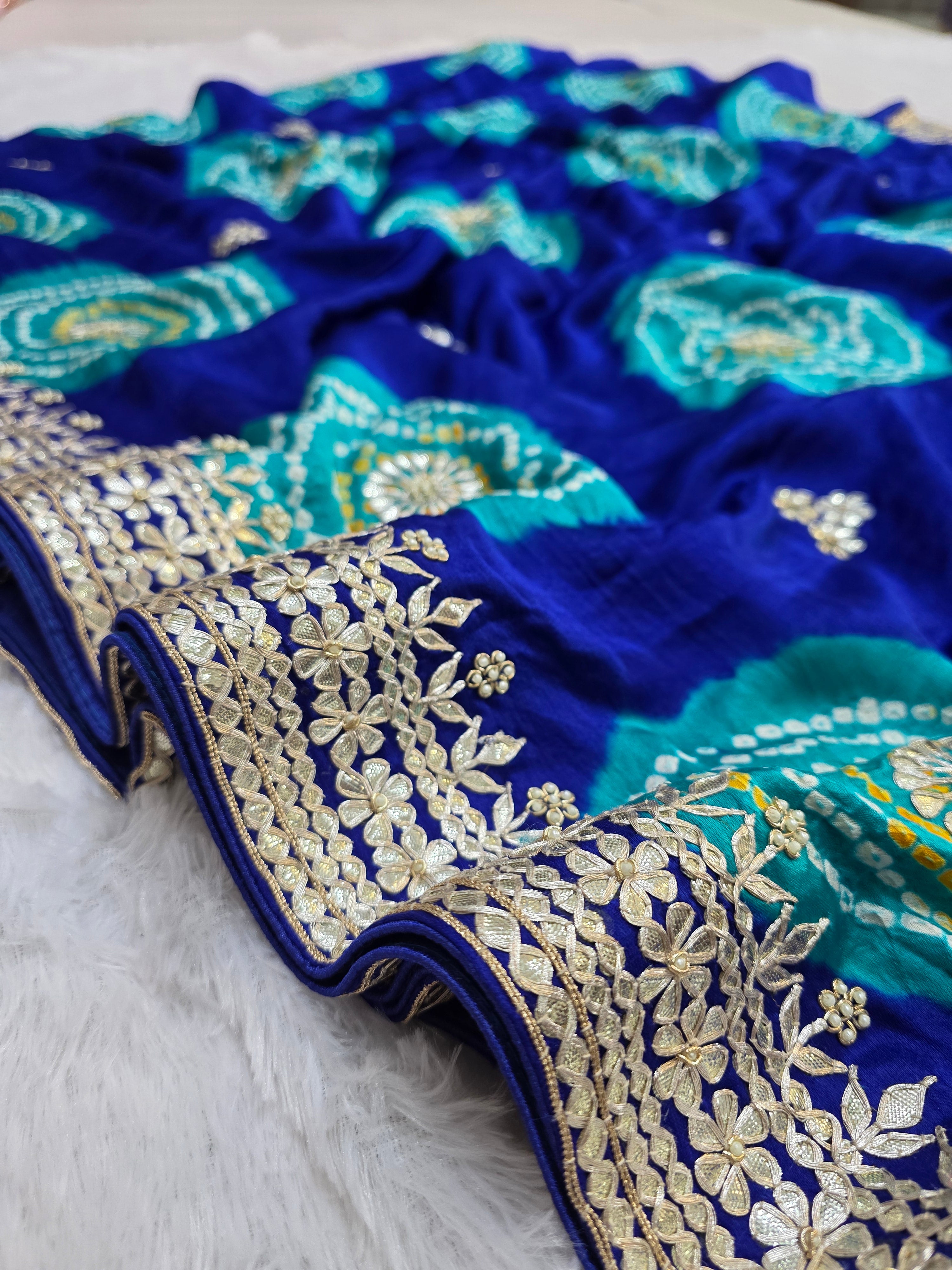 819001 Exclusive Pure Gajji Silk Rajasthani Hand Rai Bandhani Saree With Premium Gotapatti Work