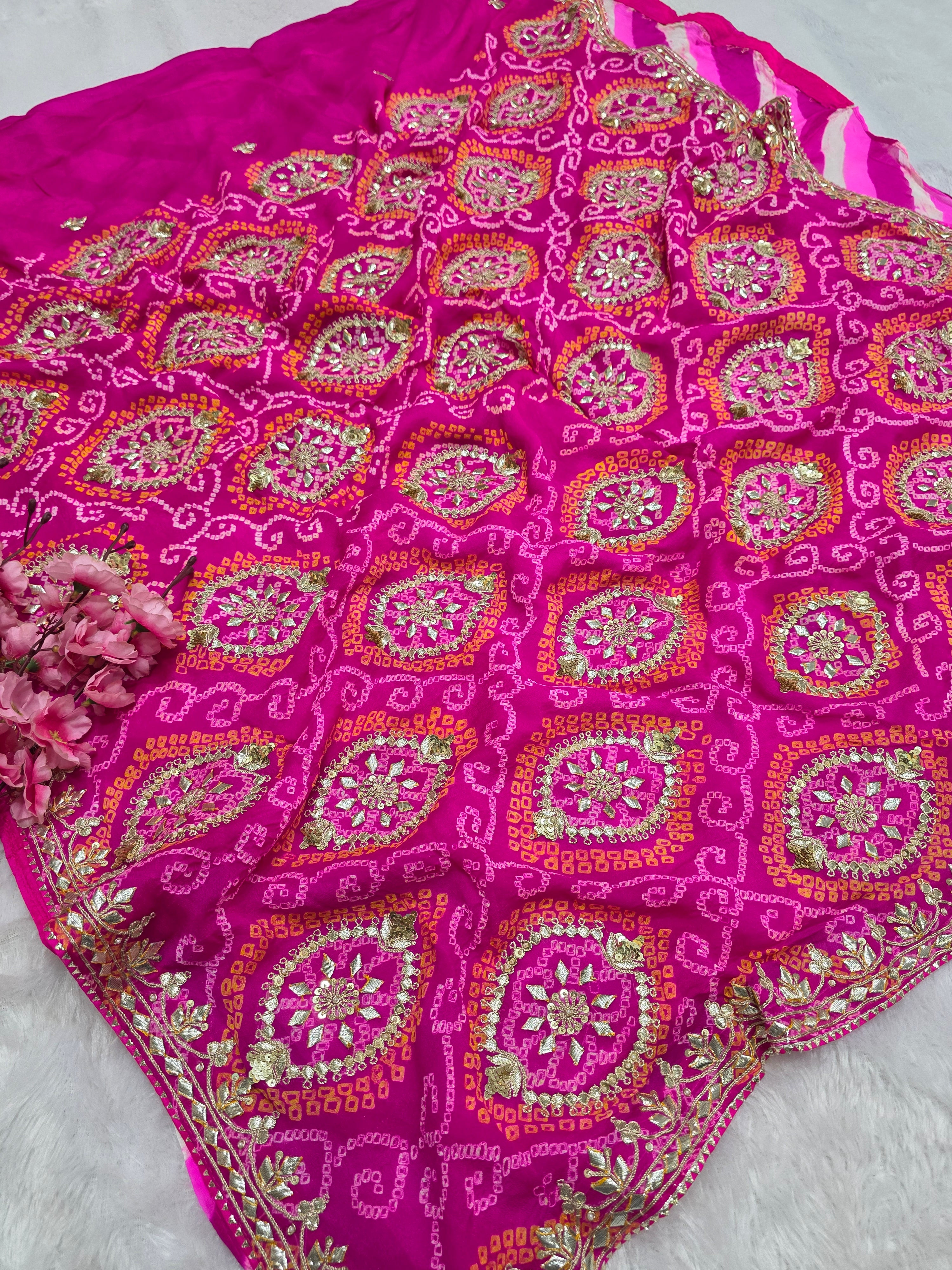 819002 Exclusive Rajasthani Pure Ojariya Handmade Lahriya Saree With Bandhani Pallu and Premium Gotapatti Work