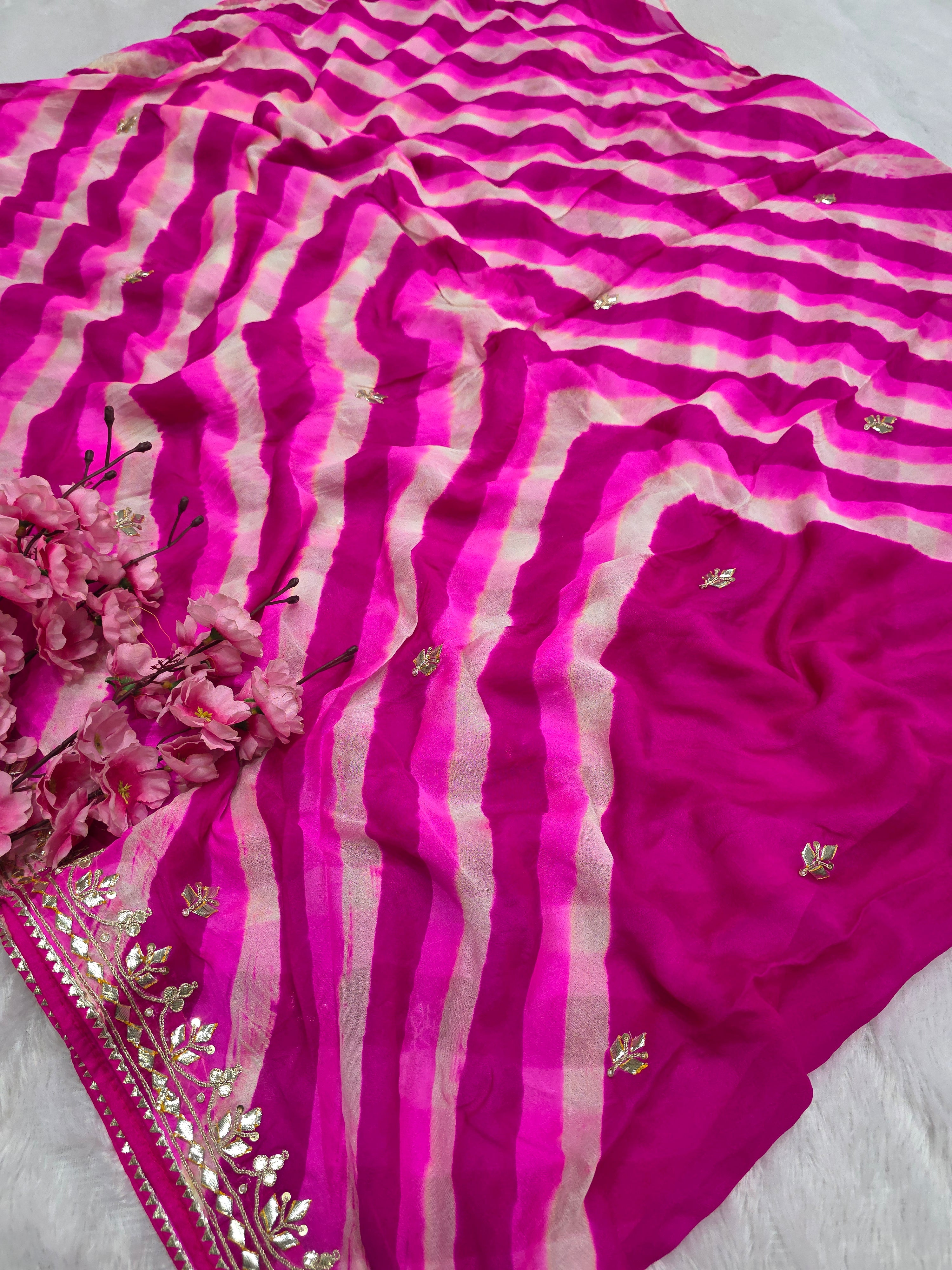 819002 Exclusive Rajasthani Pure Ojariya Handmade Lahriya Saree With Bandhani Pallu and Premium Gotapatti Work