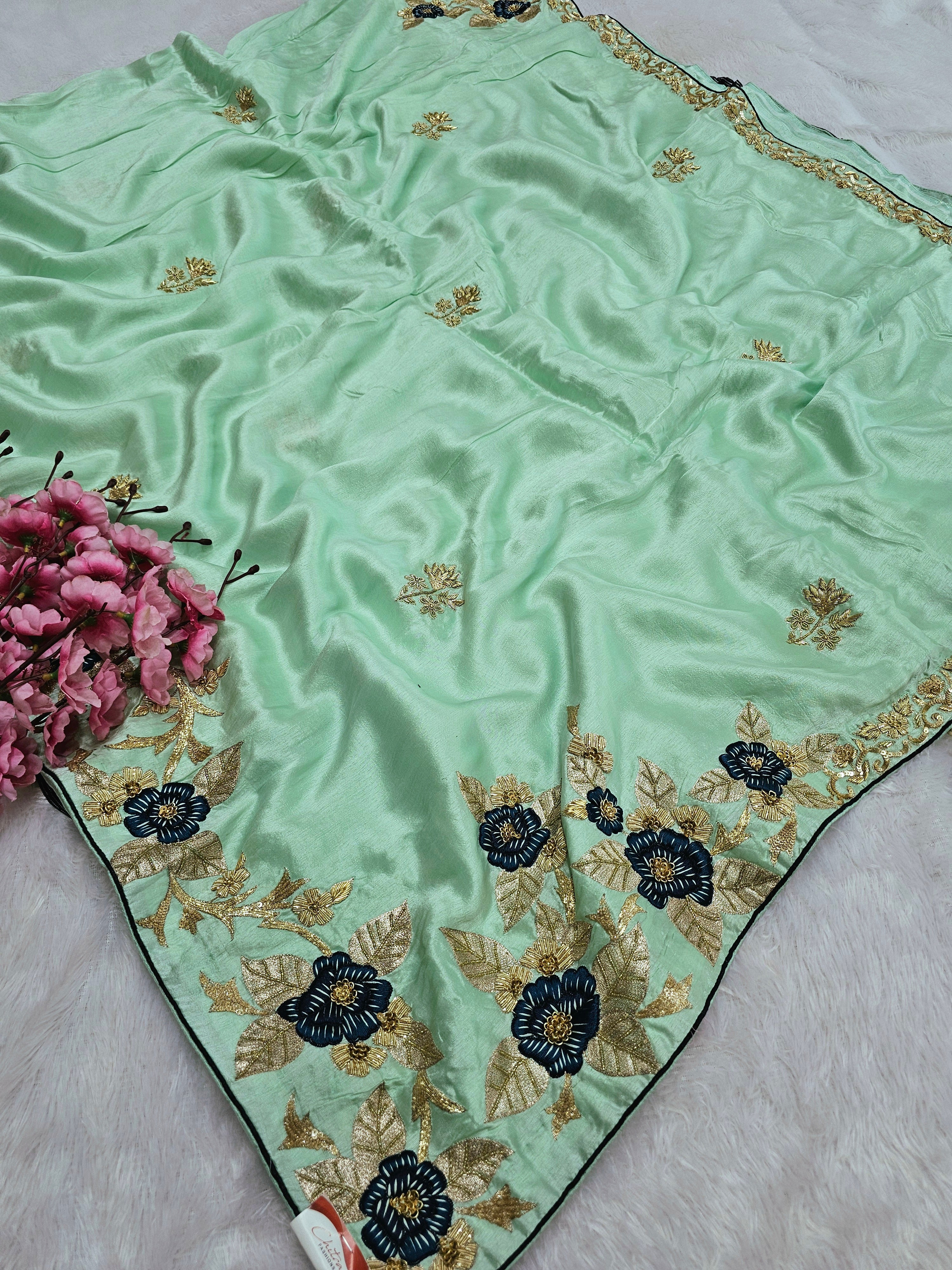 815007 Pure Russian Silk Designer Aari and Zardosi Work Sea Green Saree