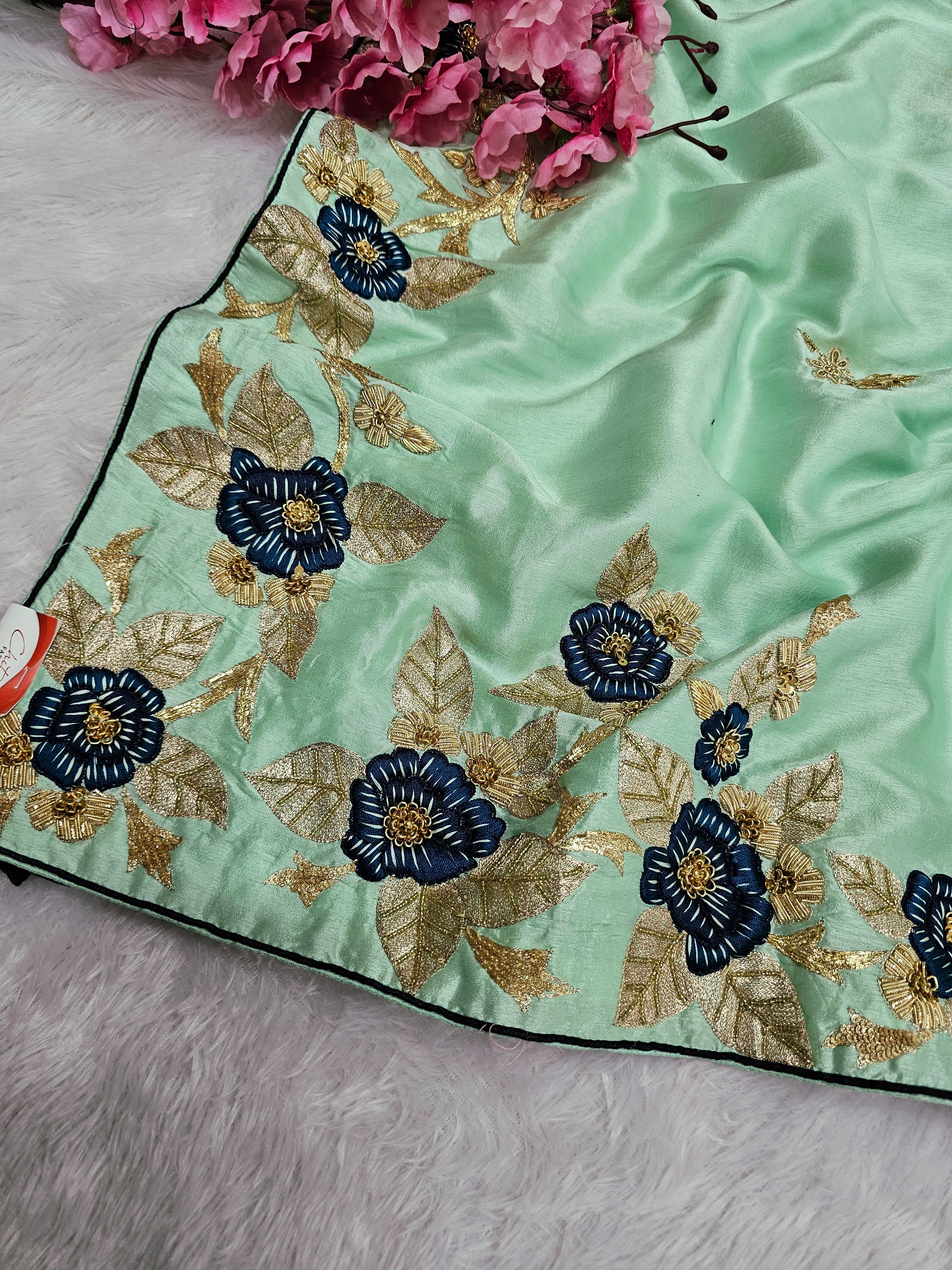 815007 Pure Russian Silk Designer Aari and Zardosi Work Sea Green Saree