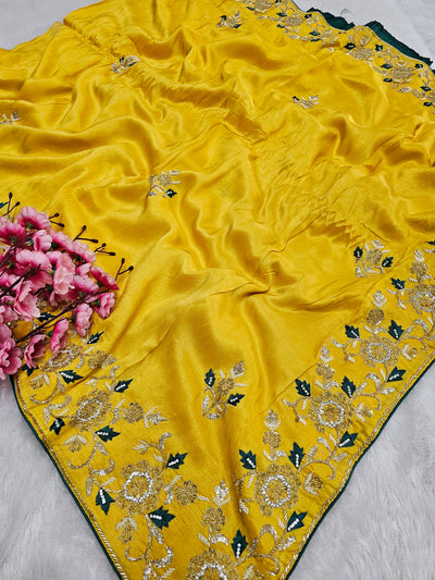 815008 Pure Russian Silk Designer Cutdana and Pearl Work Yellow Saree 961001