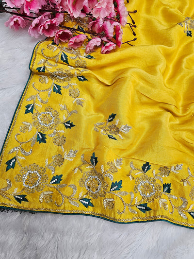 815008 Pure Russian Silk Designer Cutdana and Pearl Work Yellow Saree 961001