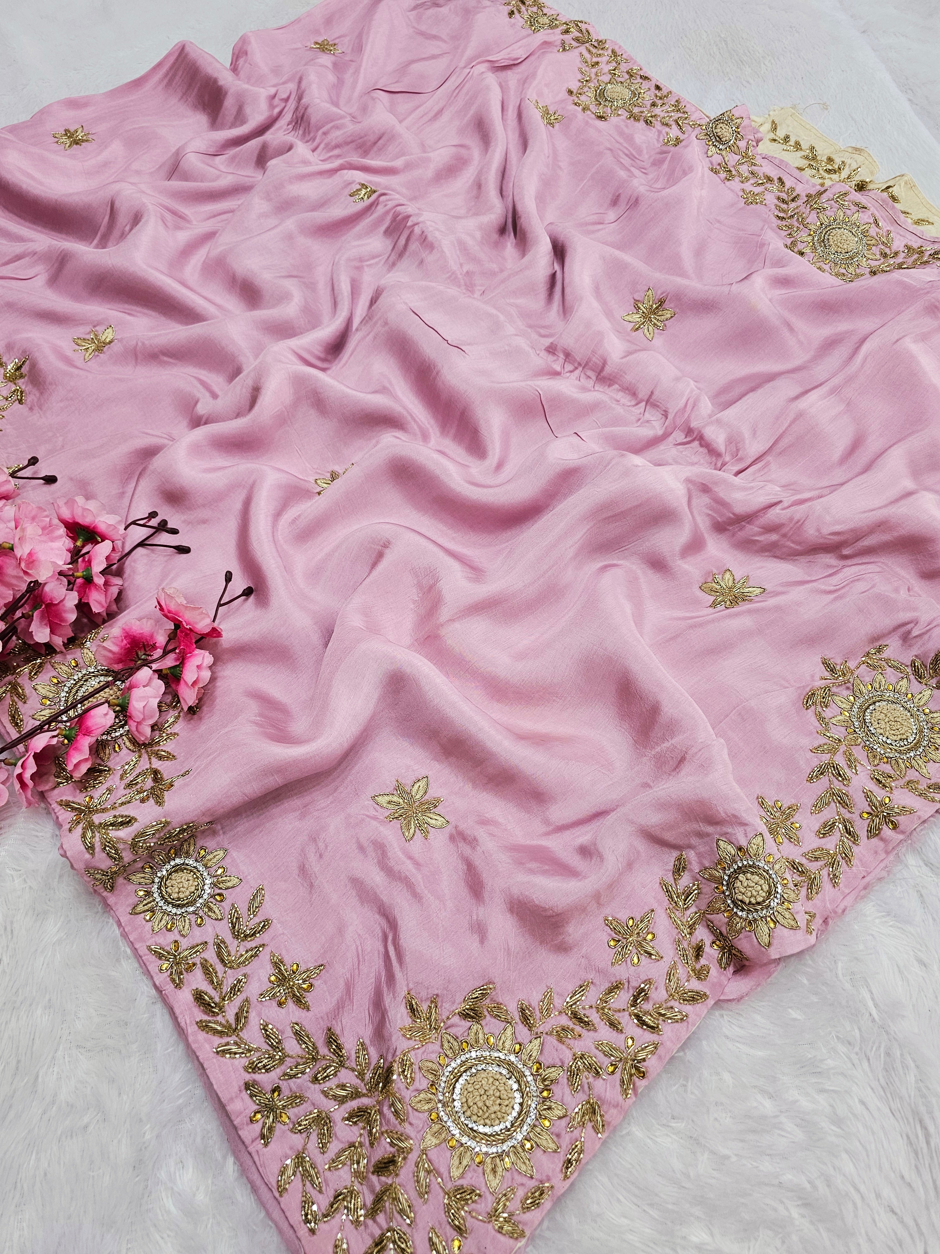 815009 Pure Kolkata Silk Designer Zardosi Work Pink Saree – Chitra Apparels