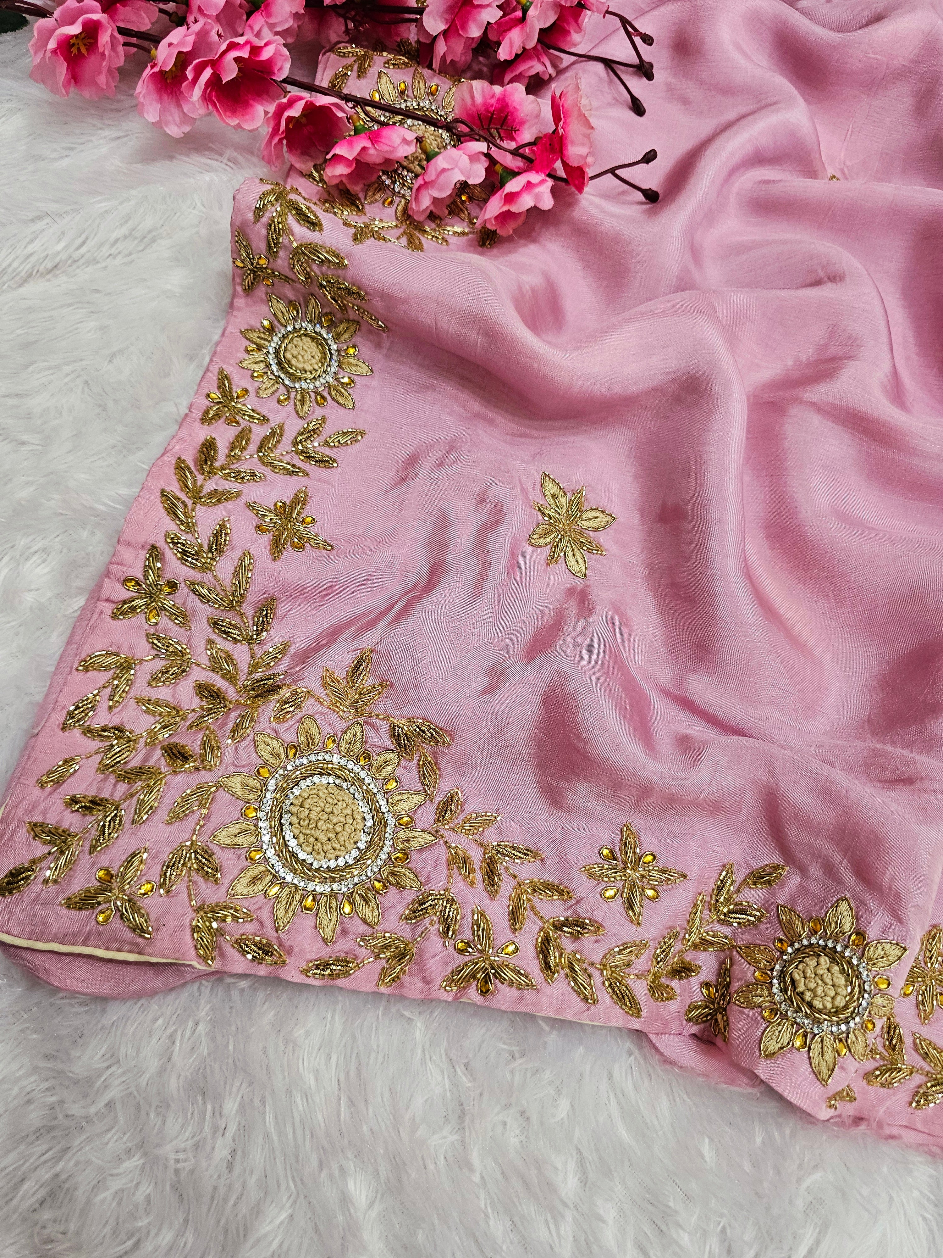 815009 Pure Kolkata Silk Designer Zardosi Work Pink Saree