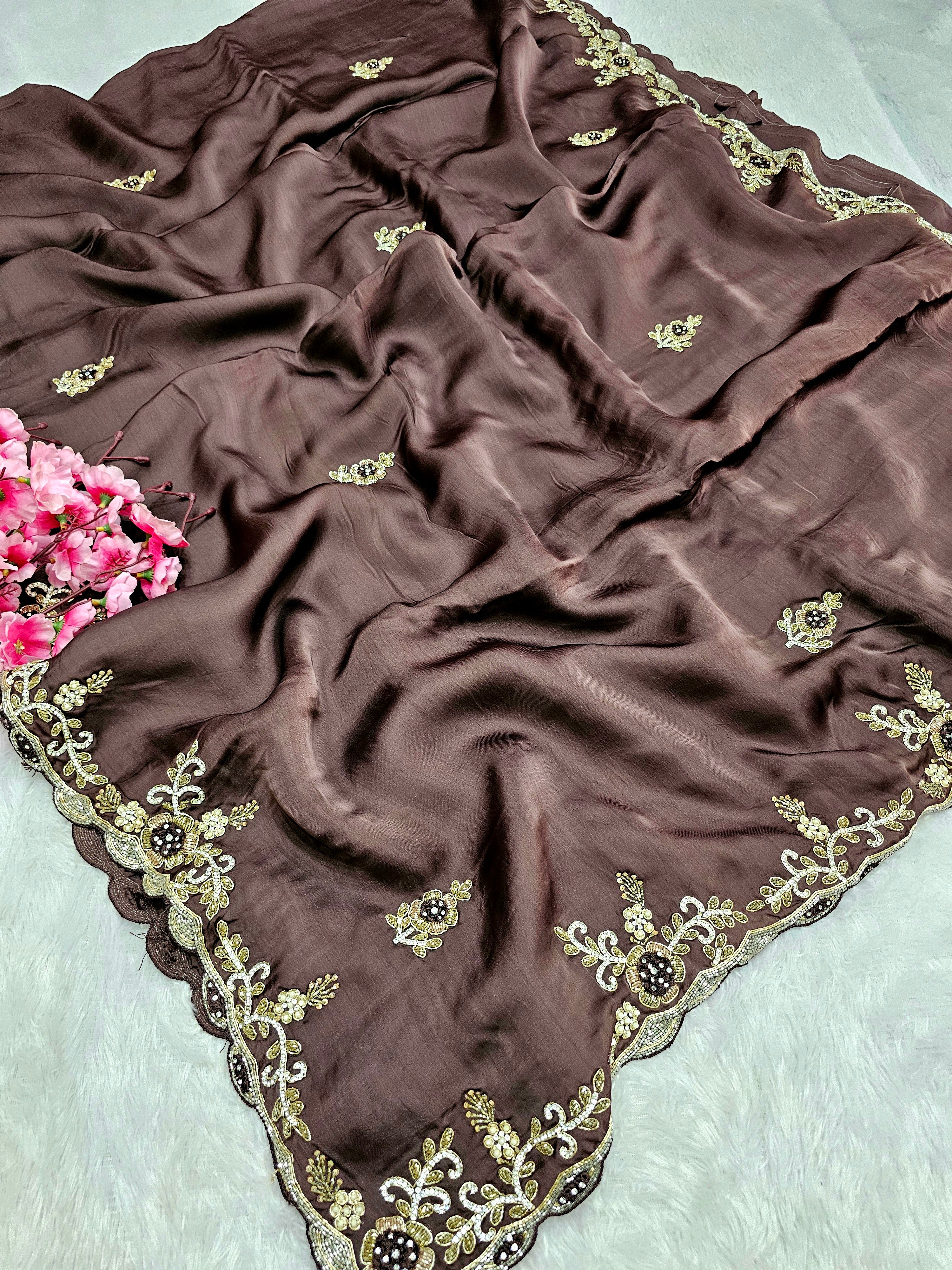 815005 Pure Crepe Silk Designer Cutdana Work Brown Color Saree