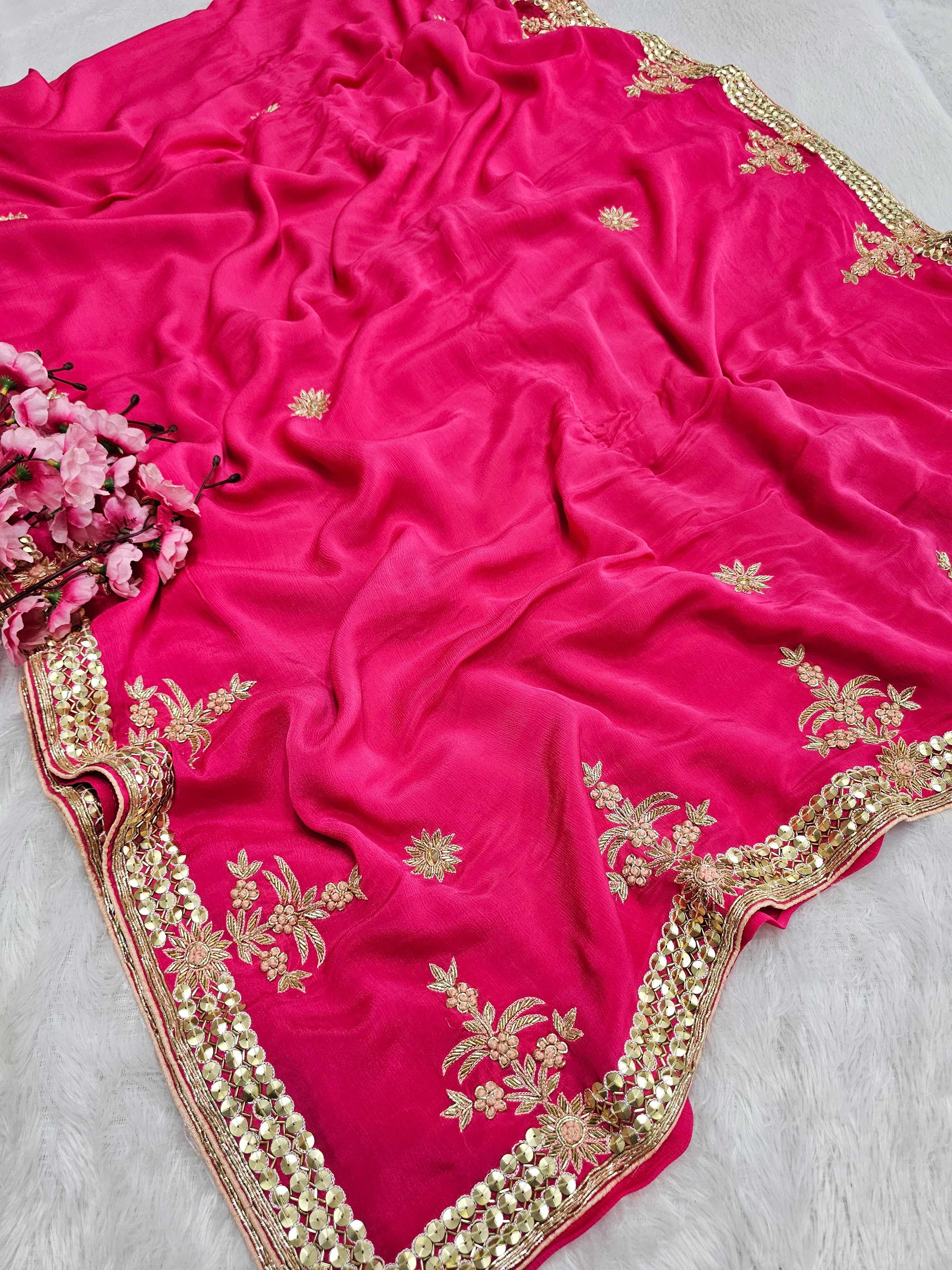 815001 Pure Chinon Silk Designer Danka Work Rani Color Saree – Chitra ...