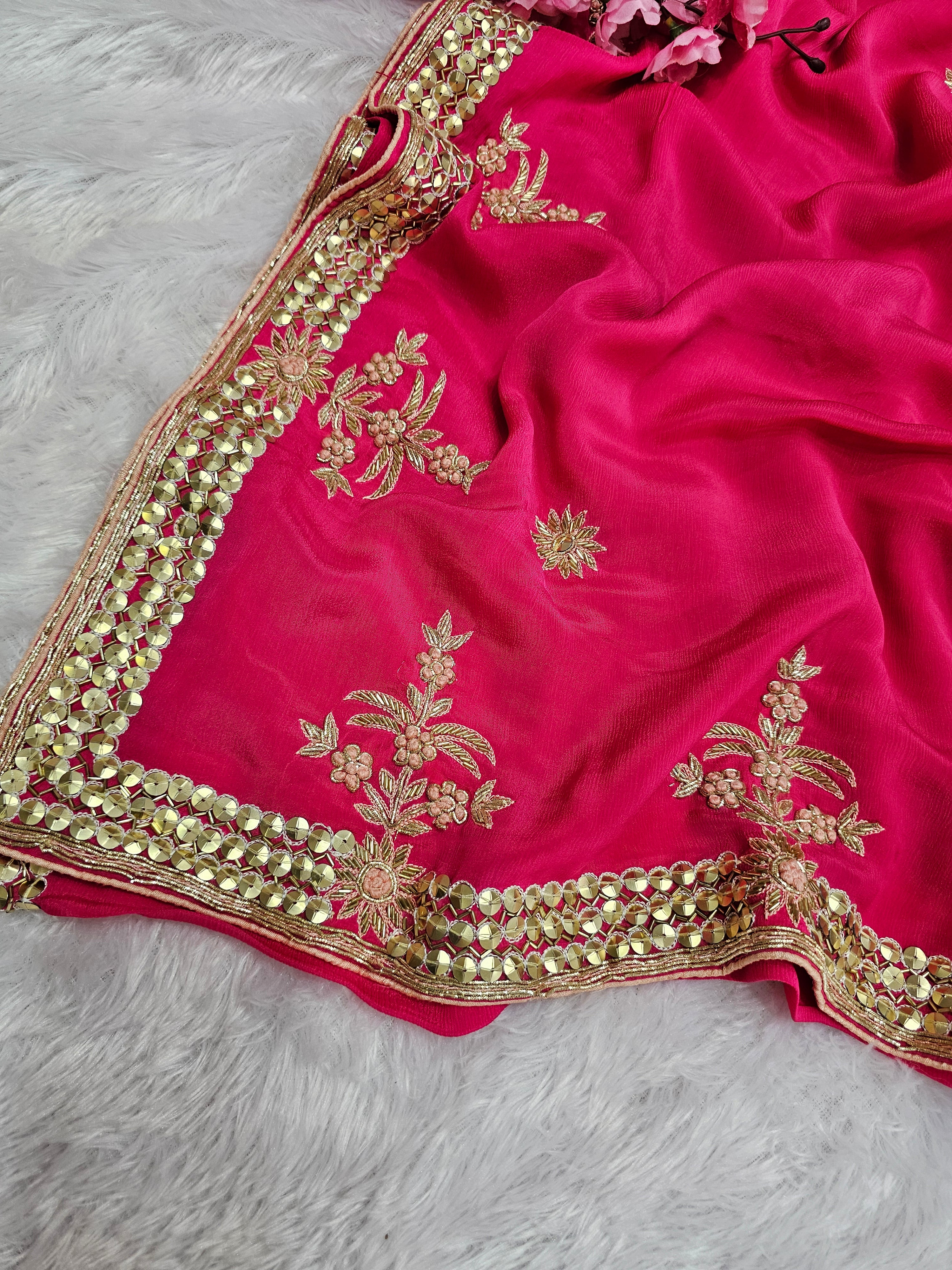 815001 Pure Chinon Silk Designer Danka Work Rani Color Saree
