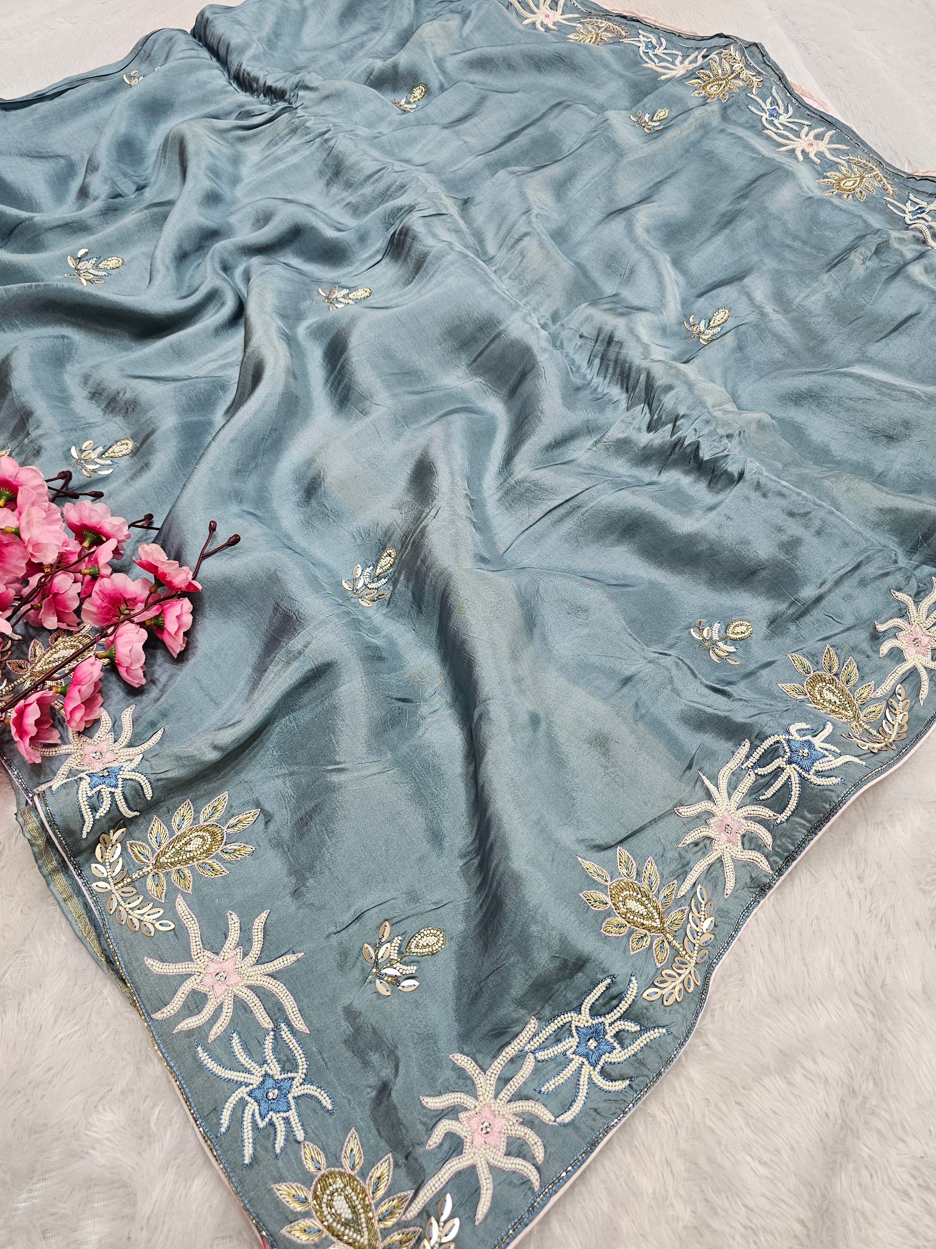 815002 Pure Crepe Silk Designer Pearl Work Sky Blue Color Saree