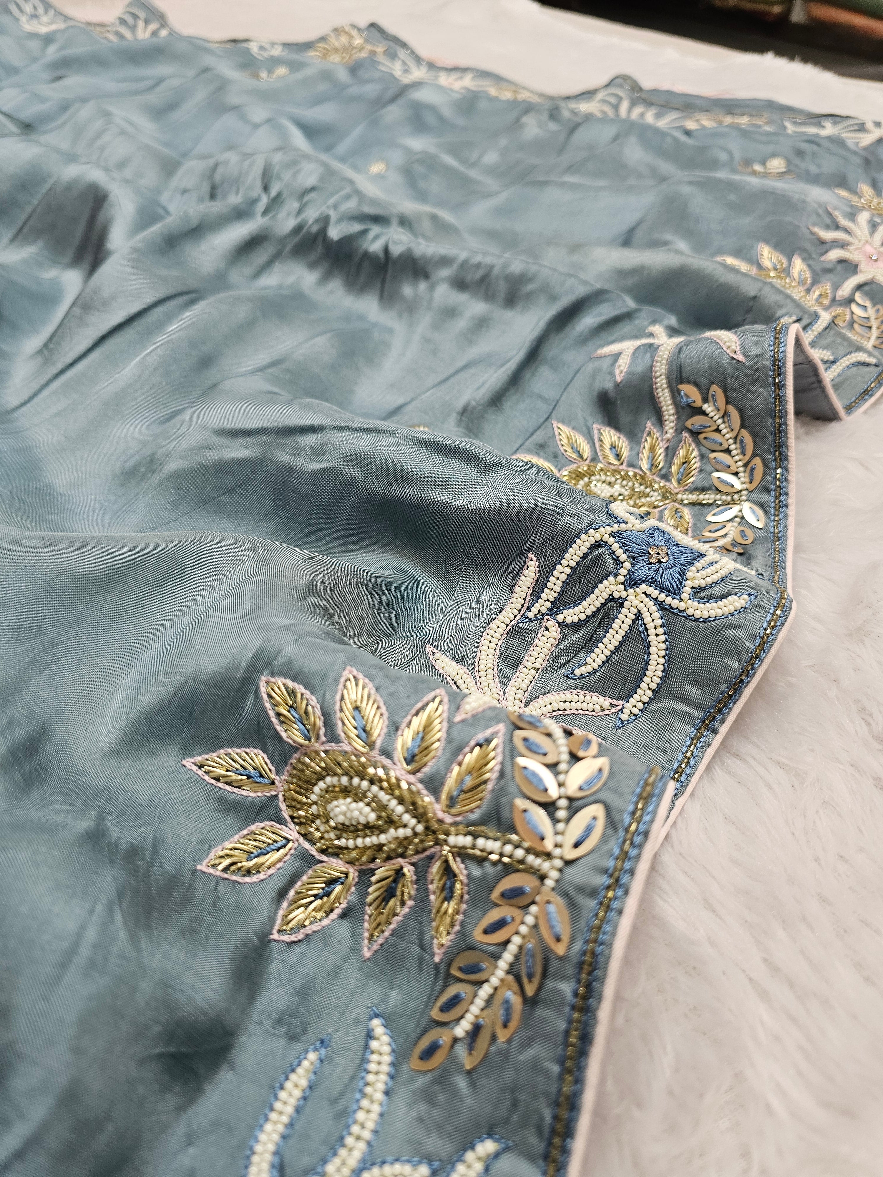 815002 Pure Crepe Silk Designer Pearl Work Sky Blue Color Saree