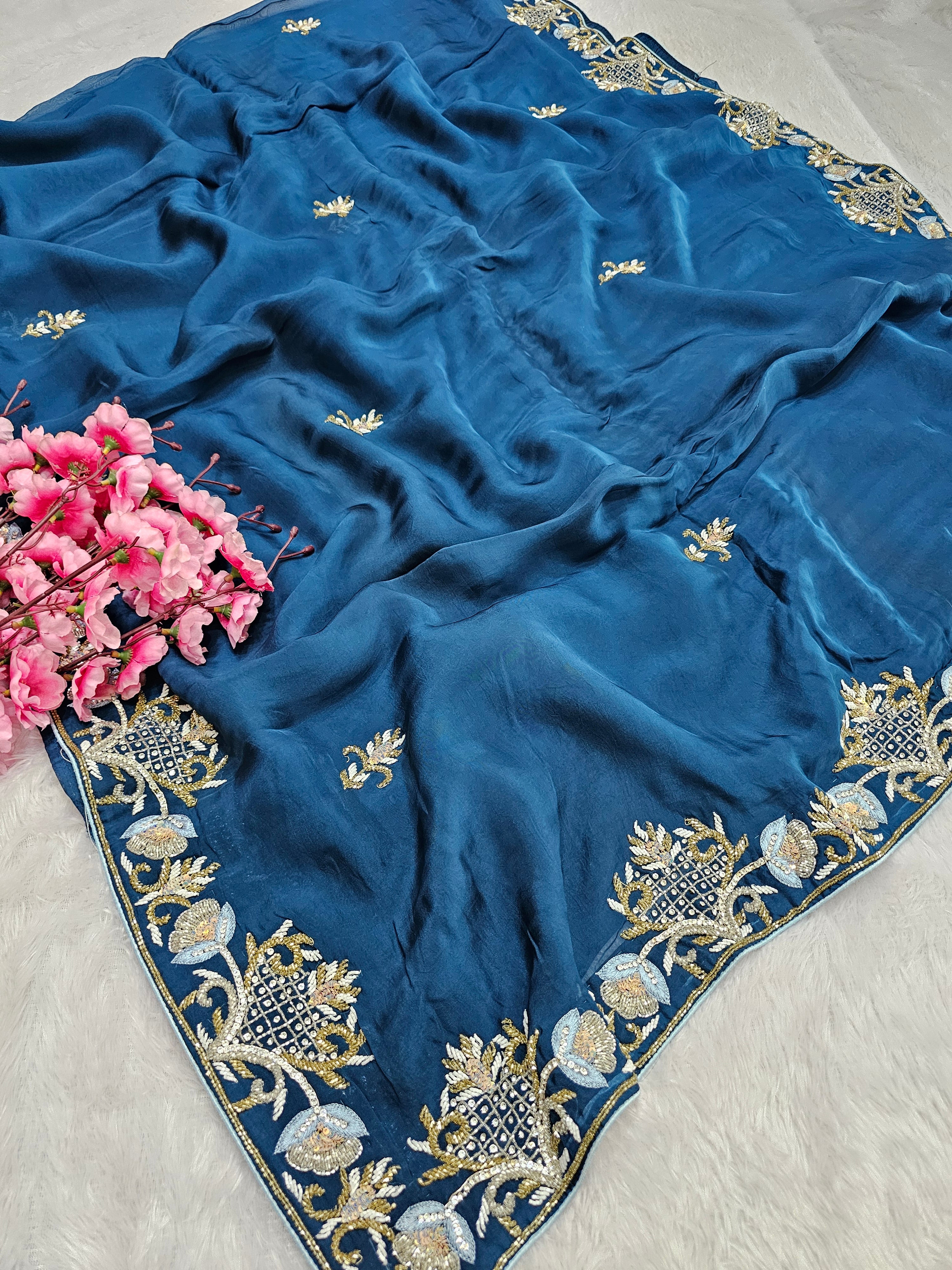 815003 Pure Soft Organza Silk Designer Cutdana Work Blue Color Saree