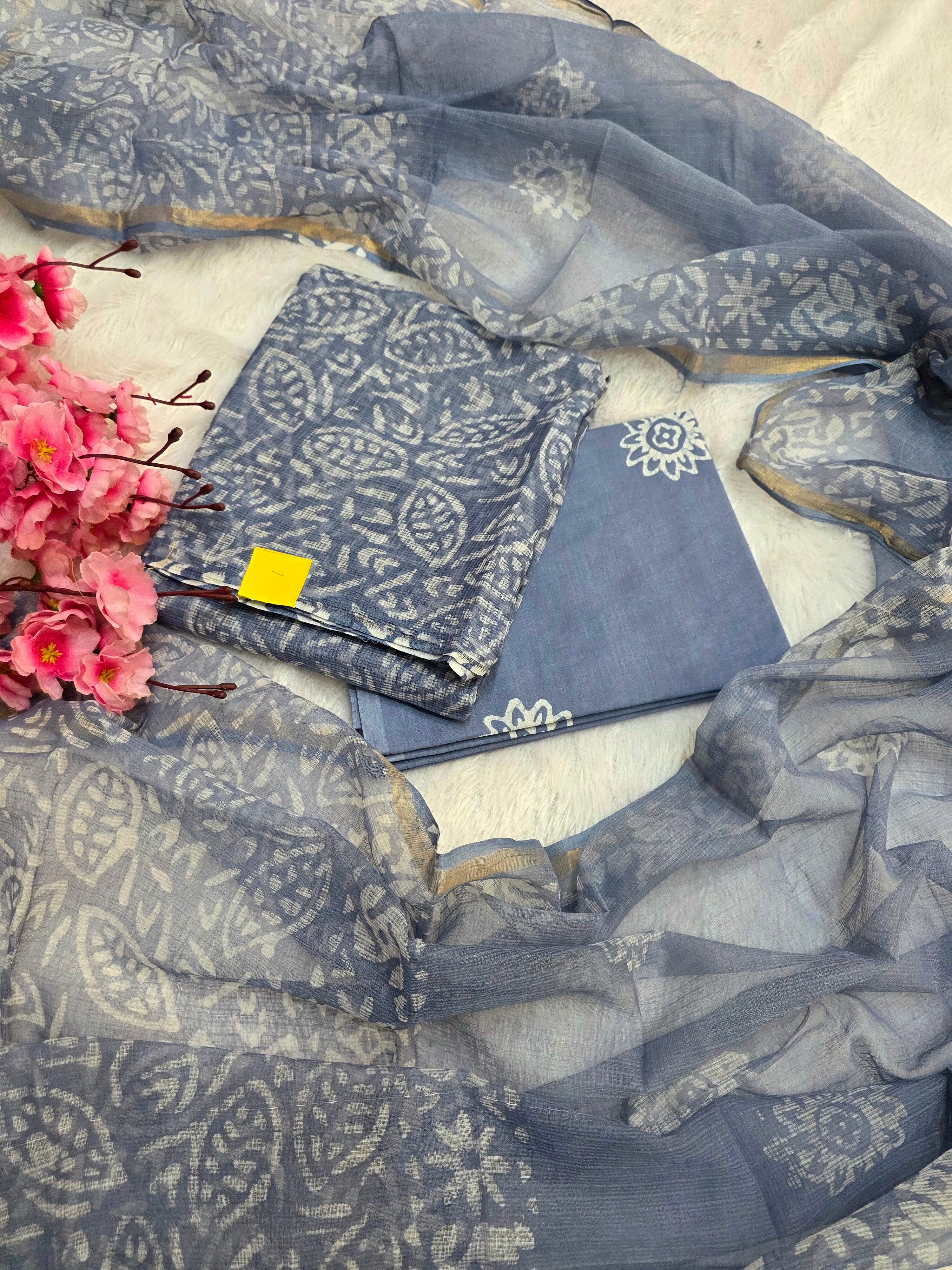 812006 Pure Kota Doria Cotton Handmade Printed Unstitched Suit