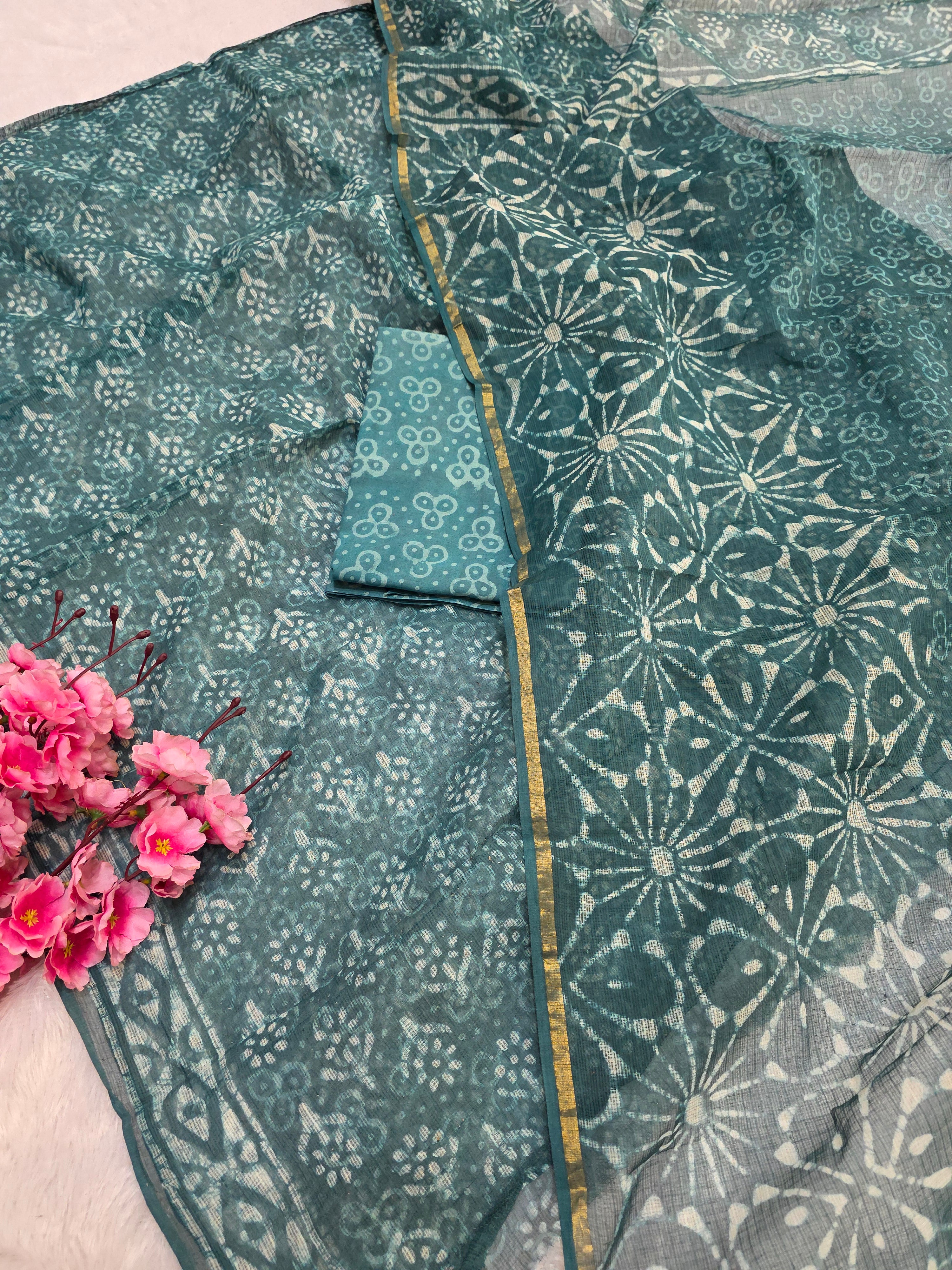 812002 Pure Kota Doria Cotton Handmade Printed Unstitched Suit