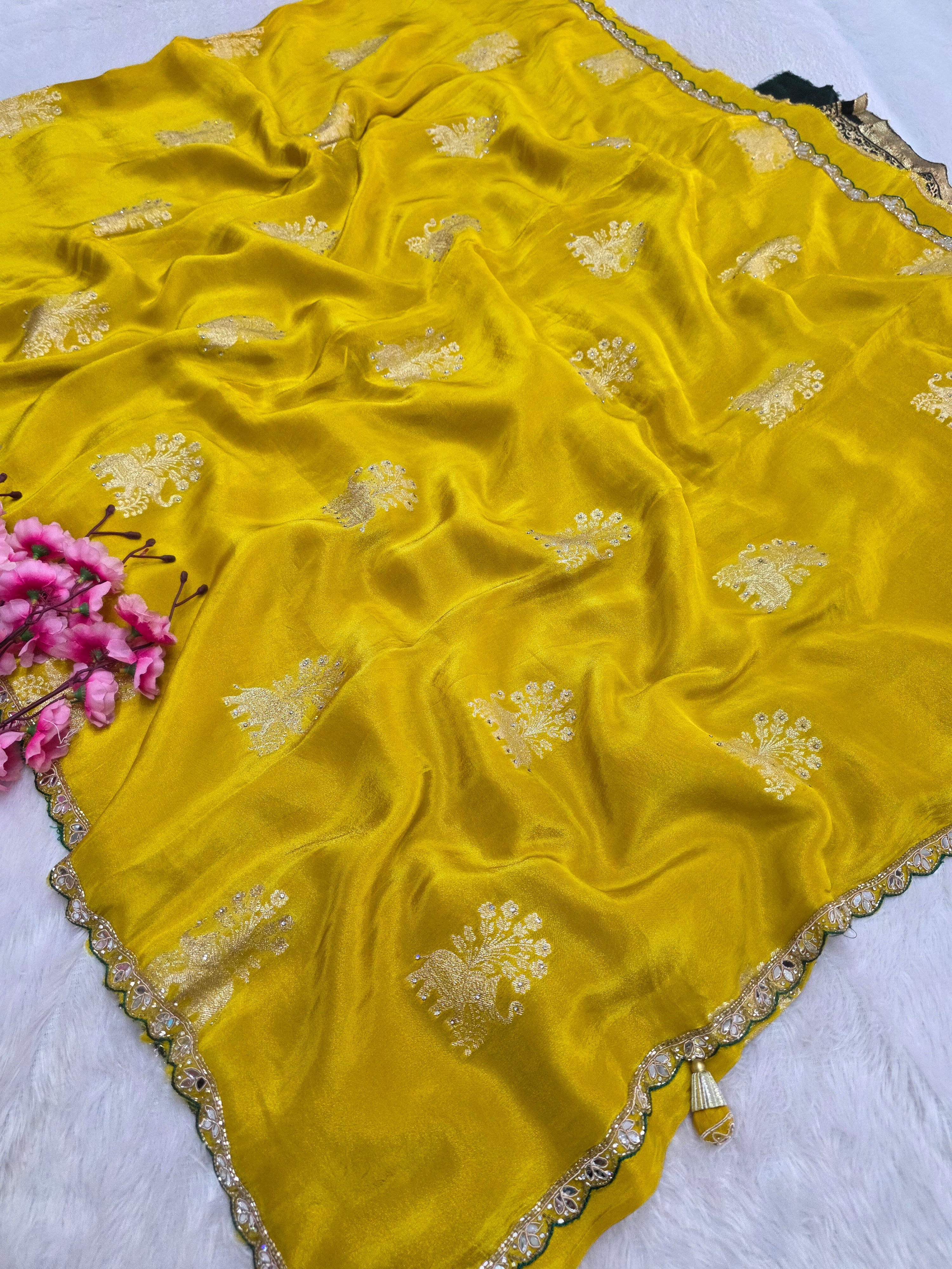 820006 Exclusive Simar Silk Designer Light Weight Yellow Saree With Hand Work