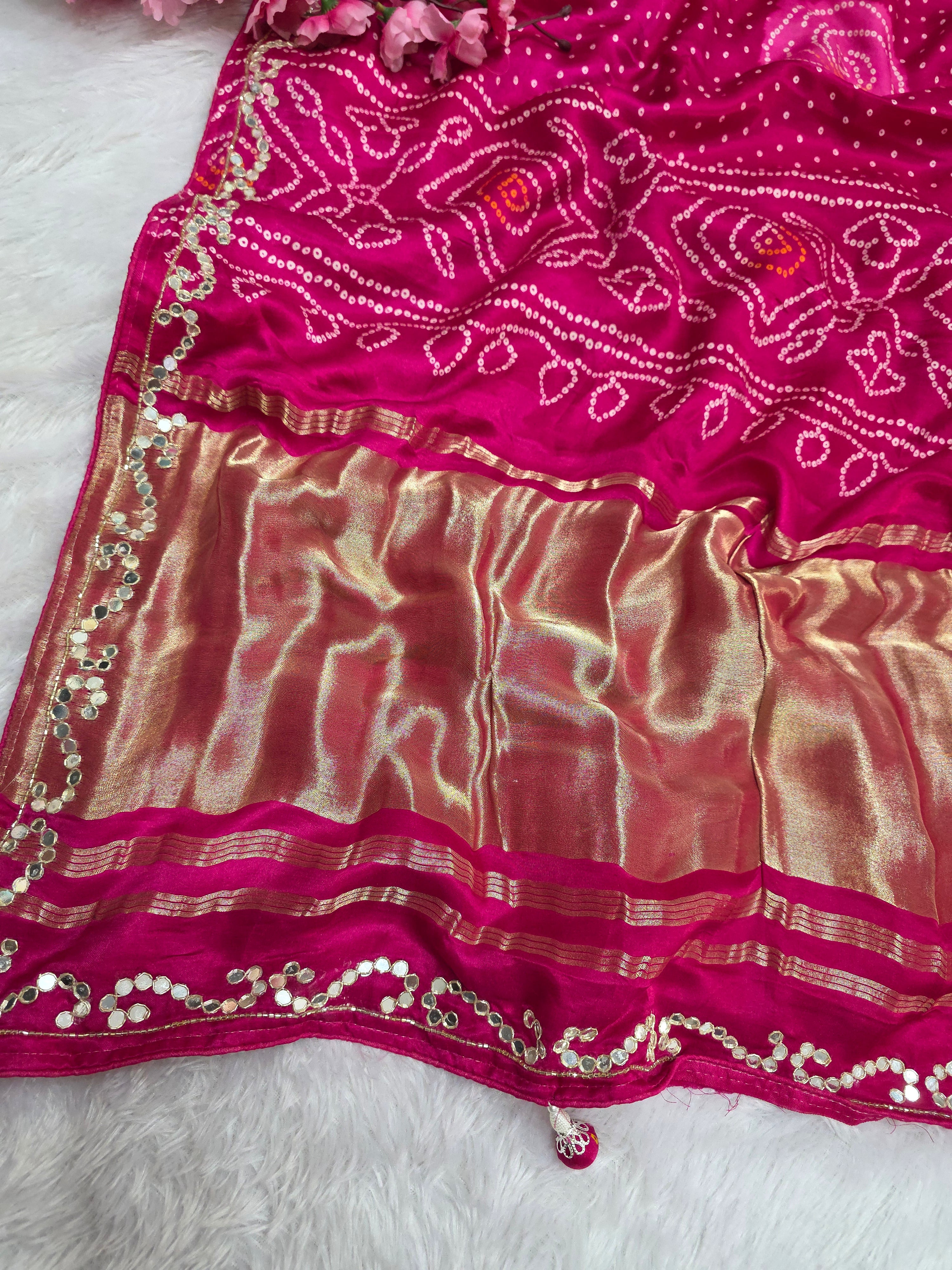 820002 Rani and Pink Laddu Bandhani Gajji Silk Saree with Gota Patti Work